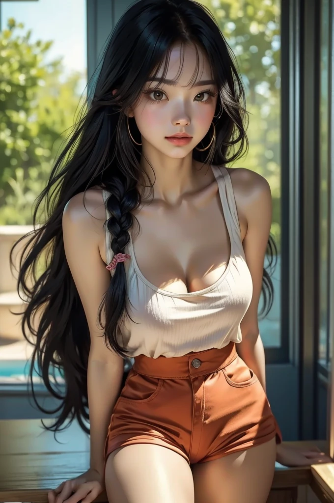(raw shooting:1.3)、(photo realistic:1.3)、(masterpiece:1.3)、(top-quality:1.3)、ultra detailed、High resolution、(depth of fields)、(Detailed eye)、(detailed facial features)、(Detailed fingers)、(detailed clothes features)、HDR、8K、skin tightening、(shinny skin)、landscapes、majestic、1 female、Japanese、28 years old、(Black hair)、(very long hair:1.5)、(Straight hair:1.3)、hair blowing in wind、Looking away、(Cowboy Shot:1.3)、(Dynamic Pose)、fighting stance、fighting pose、(Happy smile)、tank tops、shorts、sagging breasts、breasts apart、Shine with colored light、Ethereal lighting、forest ray light、(Daytime cityscape, bustling streets, and urban energy. Portray the vibrant charm of a lively metropolis under the sun.)、
