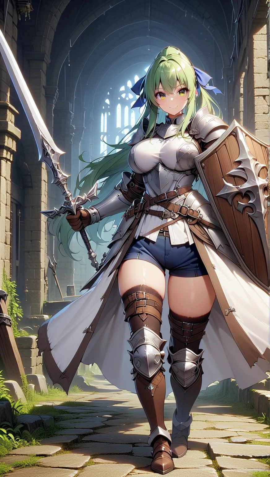 4k,High resolution,One Woman,Green Hair,Short Ponytail,Blue Eyes,Big Breasts,knight,White high leg leotard armor,Full Armor,Heavy Armor,White shoes,White gloves,Black tights,Crystal Sword,in the forest