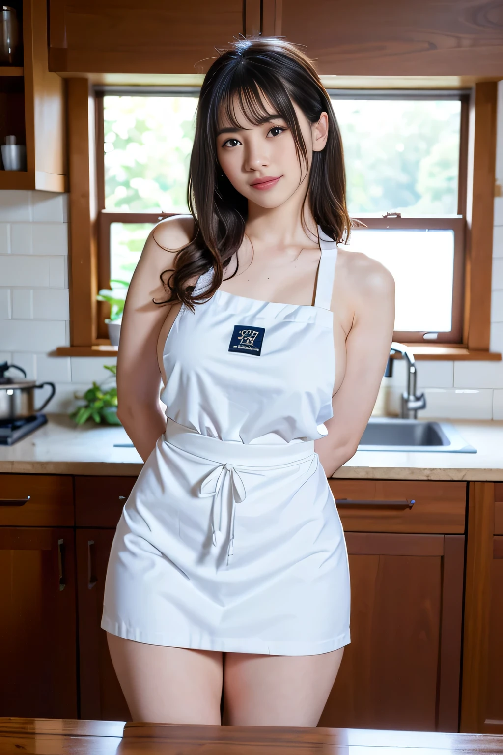 Woman cooking、age19、(Dressed naked，Wear a slim mini apron:1.3)、4K、((hight resolution、tmasterpiece、top-quality:1.3)),Fine skin、sharp focus、Soft lighting、dynamic ungle、(Detailed face:1.2)、(((In the kitchen))) Cute smile　Viewer's Perspective　Colossal tits　tying  hair　Sleeveless　Stretch your upper arms　Stretch your shoulders　cleanness　Large kitchen　Beautiful kitchen　((Beautiful straight wavy curls，By bangs))　put down hands，Prepare the coffee　a little bit smile　((There is no fabric on the back of the apron、Cracks in the buttocks are perfectly visible.))((It's sex in the kitchen:1.3))(((This is a sex apron)))(((Cracks in the buttocks are perfectly visible)))((Stretch the buttocks further，Exposing cracks))at this、Very thick and rigid upright type available　This is a very big one .. Juice overflows from the opening of the girl's vagina