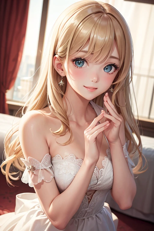 Best Quality,High resolution,8K,finelity detailed background,Masterpiece:1.2),beautiful girl,Shiny khaki hair,crossed bangs,khaki eyes,Gentle look,A refreshing look,smile,Best quality,Best Quality,Aesthetic and aesthetic:1.2,Best details((Super detailed))(High-definition CG illustrations),Upper Body,Dark grey underwear,Slender body,night,moon,Bedroom,On the bed,smile,blush,cute,Scrounge,Looking up,Being spoiled,super model,wariza,shoot from,below