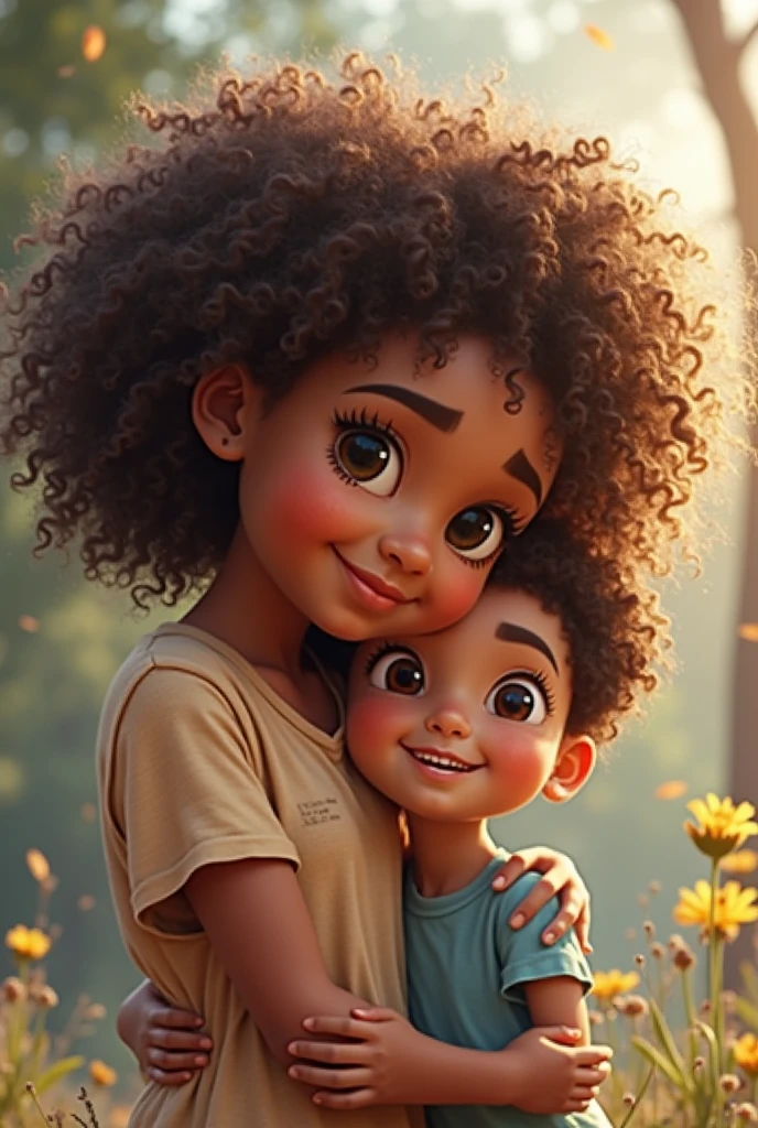A 36-year-old Brazilian brown-skinned woman and her 3-year-old fair-skinned daughter in a beautiful garden