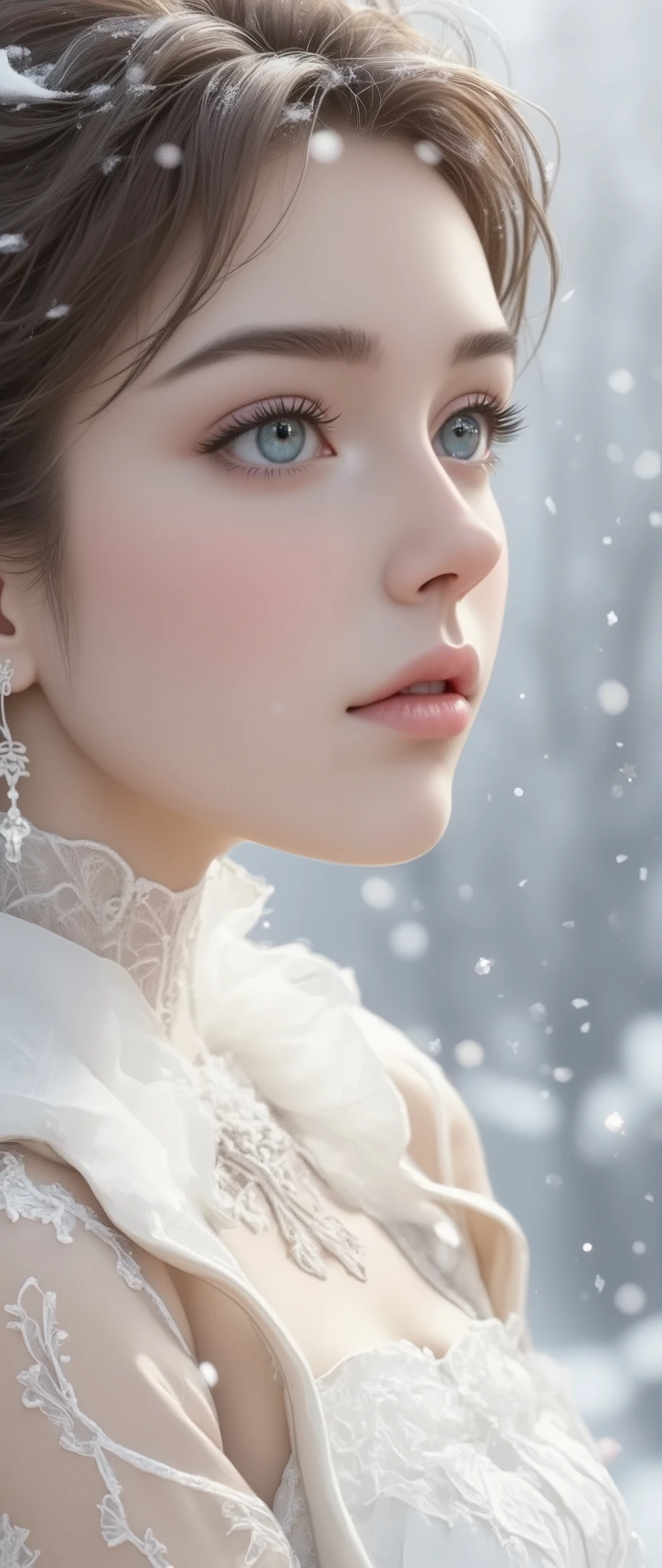 1 girl, European, ,big blue eyes, dark hair winter (upper body close-up), a girl walks down a long alley with trees. The girl's body is shot from the side (the head is turned towards the viewer). winter atmosphere, ((snow falls in flakes)), snowdrifts, fog. Cold. Frost. Front view. Asashi. A beautiful gradient inscribed in the depth, Particles of light and snow powder fluttering in the air, gently frame her sweet casual hairstyle, beautiful pale face, blush from the cold, the girl looks up at the sky, beautiful hair fluttering in the wind. The girl is wearing a warm, soft jacket and a scarf.A girl with a gentle smile, photo by Acrial