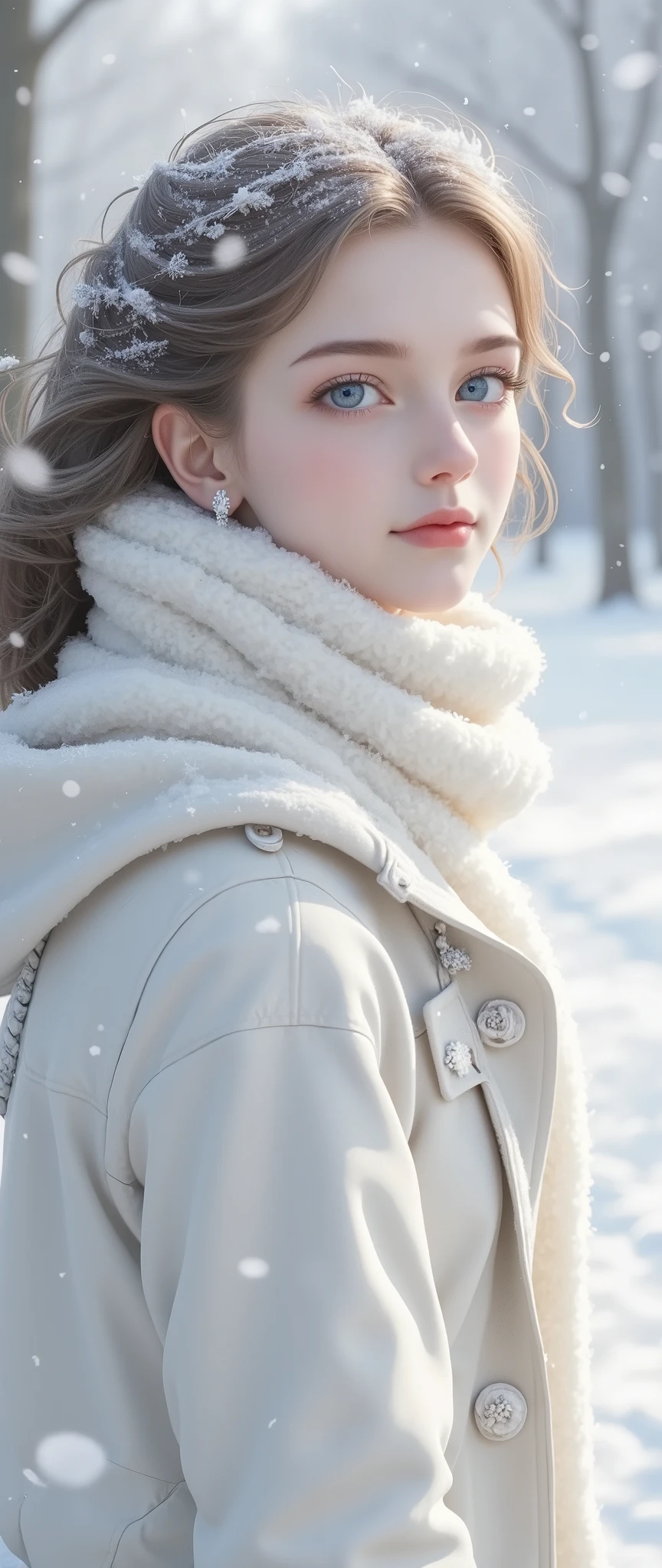 1 girl, European, ,big blue eyes, dark hair winter (upper body close-up), a girl walks down a long alley with trees. The girl's body is shot from the side (the head is turned towards the viewer). winter atmosphere, ((snow falls in flakes)), snowdrifts, fog. Cold. Frost. Front view. Asashi. A beautiful gradient inscribed in the depth, Particles of light and snow powder fluttering in the air, gently frame her sweet casual hairstyle, beautiful pale face, blush from the cold, the girl looks up at the sky, beautiful hair fluttering in the wind. The girl is wearing a warm, soft jacket and a scarf.A girl with a gentle smile, photo by Acrial