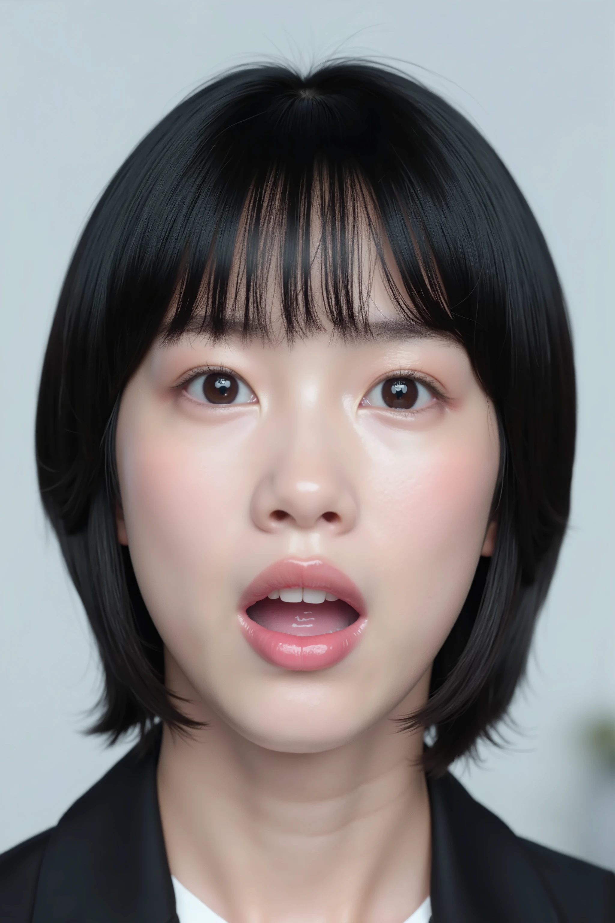 A high resolution photograph of a Japanese adult woman, masterpiece, photo-realistic, sharp focus, portrait, fashion shoot, solo, 1girl, clothed, bob cut black hair, pale skin, detailed face, detailed eyes, sophisticated nose, (open mouth, white cum in mouth:1.2), embarrassed, looking at the camera, (face focus, close-up of face, front view, view from above),