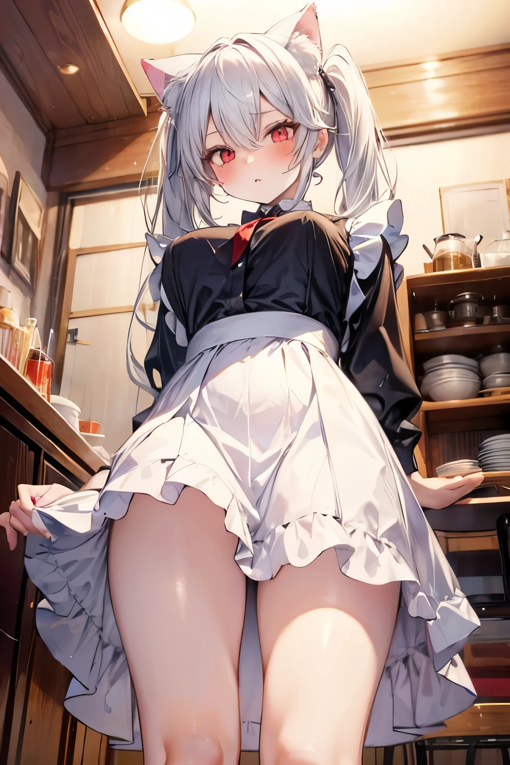 Young girl with grey hair, ((fringed and curly hair)),((curly short twintail)), curly hair ,(red eyes),, ((small bushy eyebrows)), wearing gothic lolita clothing, lolicon , walking to school, bored look, bored face , suddenly having sex in public, ((doggy style sex)), ((public sex in a restaurant)) naked ass in the male crotch, perfect anatomy, young boy fucking her
