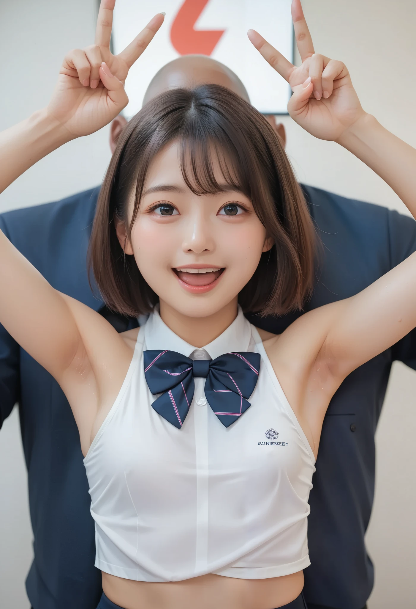 score_9,score_8_ up ,score_7_ up , ultra detail , absolute resolution, 32K,Masterpiece, best quality , Sup er High Definition, beautiful Japanese girls, brown hair, short hair, focus on face , women look at camera , smile, open your mouth, Small breasts, sweat, shiny skin, ( White Tank Top, bow tie:1.2), (Faceless Male:1.4), throw, (sex:1.4), (hug from behind:1.2), double peace, show armpit, Lower your body, under view