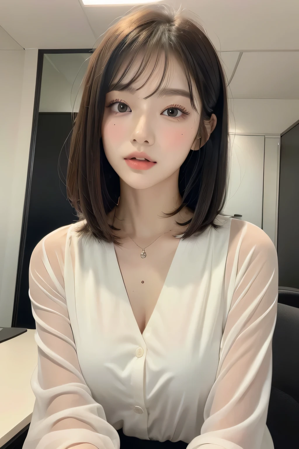 (in 8K, top-quality, a masterpiece of:1.2), (realisitic, Photorealsitic:1.37), ultra-detailliert, small tits、Skinny face、Mature look、de pele branca、Nurse、Suppin、Narrow slit eyes、Small eyes、Small, Narrow eyes、30-years old,独奏,Nasal blush、A smile、a closed mouth、tiny chest、Delicate body、Black eyes、beatiful detailed eyes、Single eyelid、poneyTail、A dark-haired 、short cut hair、fullllbody、Skinny Legs、Manteau blanc、Nurse、see -through、Black underwear、White blouse