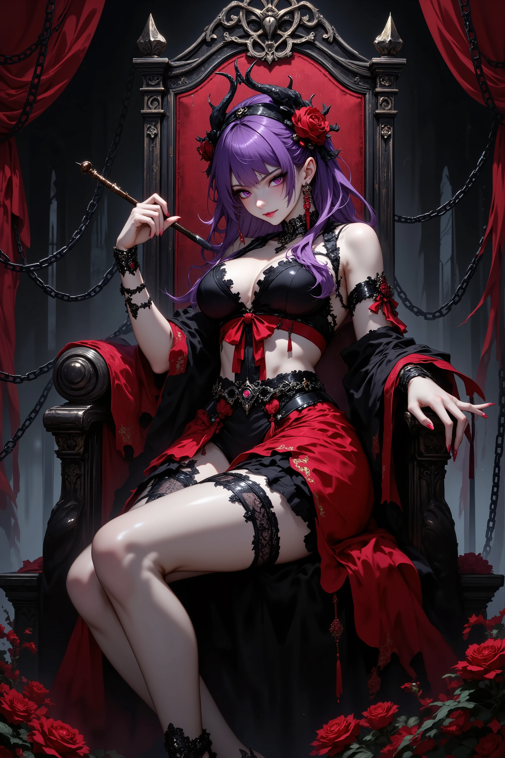 masterpiece, aesthetic, decadent, artistic, anatomically correct, accurate finger shape, correct number of arms, (1girl, sitting on a throne, beautiful purple hair, rose hair ornament, black hairband, gothic bondage dress with black and red base, black underwear with red ribbon, mini skirt with many folds of frills, skirt frills are beautiful like rose petals, sheer black garter belt with frills, wearing thorn bracelets on her wrists, holding a riding crop with her fingers, half-closed eyes, smiling, blood-colored lipstick, very sensual and sexual thighs crossed, legs crossed), (dark royal castle, demon of the throne, red luxurious throne with forbidden decoration, thick chains stretched in the background, artistic background)