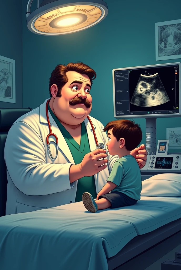 Pixar-style: The man holds a naked boy with blue eyes and in his other hand he holds a pair of scissors and tries to cut off the boy's testicles. ,3D Poster,Disney