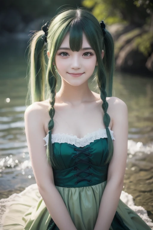 (nude)One girl, alone, hair ornaments, Green Hair, Twin tails, Long Hair, dress, water