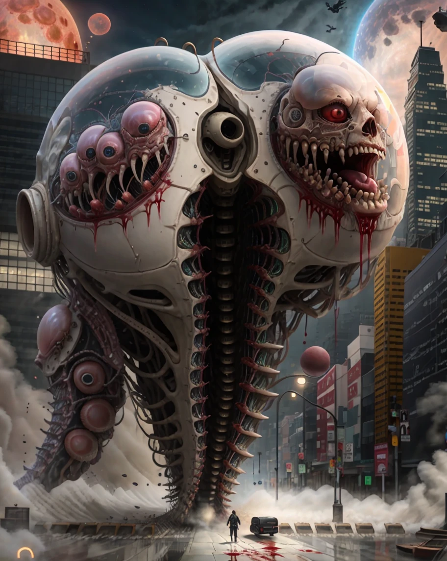 Alien invasion,weird,rugido,sangre,La ciudad fue destruida,de un real,Los rasgos faciales se describen cuidadosamente,textura de piel realista,Estilo escuro,profundidad de campos,Luz alta,Luz real,rastreo de rachas,OC renderizado,Hyper realistic,mejor calidad,8k,Obras de maestros,Superfina,Old pubic detailed,Correct anatomy,sharp focus in eyeokeh,Los rasgos faciales se describen cuidadosamente
