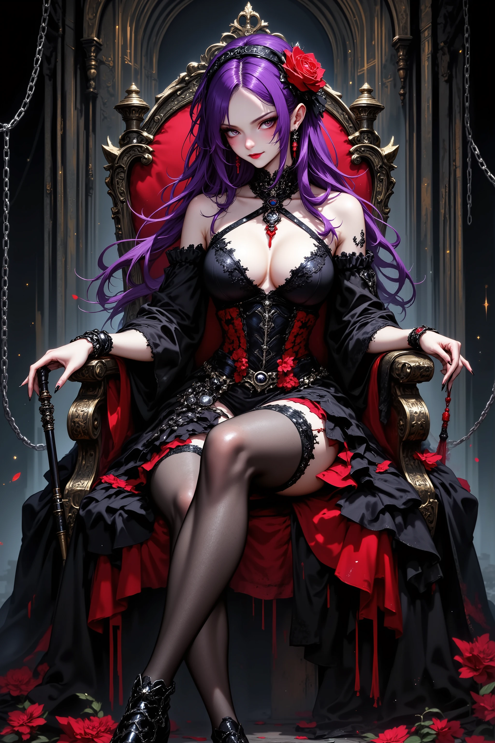 masterpiece, aesthetic, decadent, artistic, anatomically correct, fingers with the correct shape, five fingers, correct number of arms, (1girl, sitting on a throne, beautiful purple hair, rose hair ornament, black hairband, gothic bondage dress with black and red base, black underwear with red ribbon, miniskirt with many folds of frills, frills on the skirt are as beautiful as rose petals, sheer black garter belt with frills, wearing a bracelet with spikes on her wrist, holding a riding crop with her fingers, half-closed eyes, smiling, blood-colored lipstick, very sensual and sexual thighs crossed, legs crossed), (dark royal castle, demon of the throne, red luxurious throne with forbidden decoration, thick chains stretched in the background, artistic background)