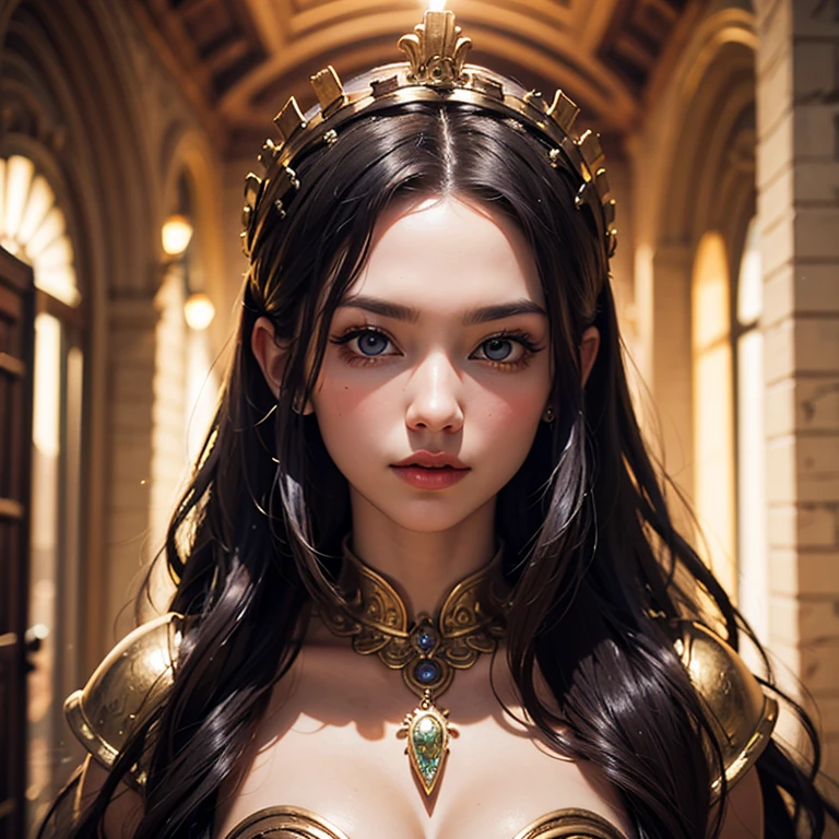 An adult woman, clad in black war armor, stands proudly in a dark, imposing mansion. The armor's intricate details gleam under the dim light, reflecting her strength and resolve. Atop her head, a majestic crown adorned with precious gems rests firmly, signifying her royal status. Her regal demeanor exudes power and determination, as if ready to defend her dominion from any threat. Despite the ominous surroundings, her confident gaze pierces the darkness, daring any adversary to challenge her authority. The high-resolution, exquisitely rendered image showcases every detail of her armor, every facet of her crown, and every line et