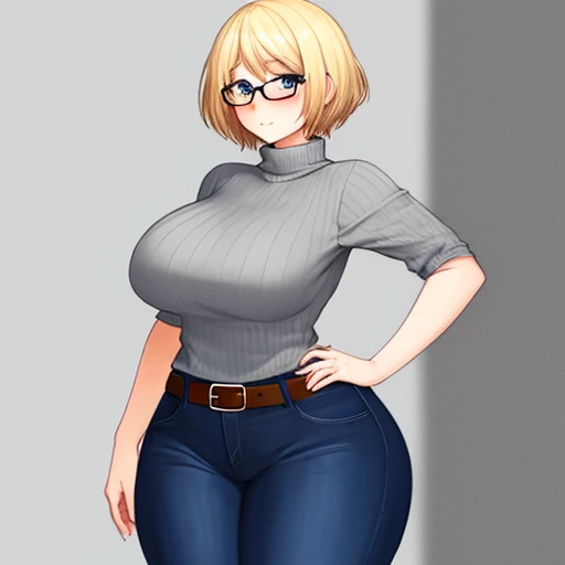 ((Masterpiece)), perfect anatomy, perfect shading, field of depth, (best quality), extremely delicate and beautiful, perfect lighting, detailed face, ultra cute face, cute, (cowboy shot 1.2), full body, (((1girl))), ((solo)), looking at viewer,

short hair, fluffy hair, blonde hair, blue eyes, Glasses, ((blush)), shy, nervous, (black turtleneck sweater 1.5), (jeans 1.2), belt, extremely tight clothes, medium breasts, ((wide hips)), ((thick thighs)), ((chubby)), belly bulge,

coffee shop, intricate background, detailed background,