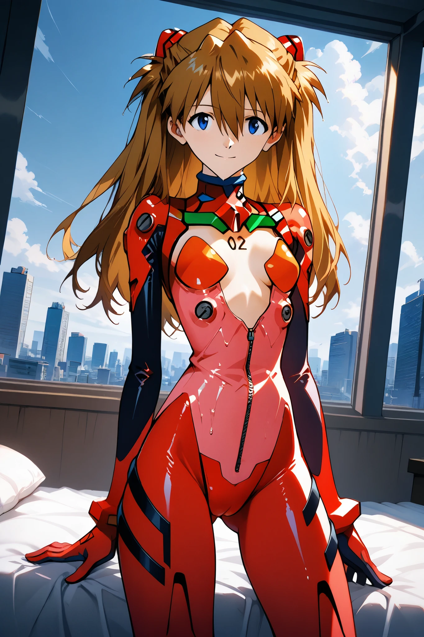 asuka_langley,1 female,solo,looking at the scenery,smile,
I_,wet brown hair,viewer,blue eyes,long hair,hair between the eyes,beautiful eyes,more detailed hair,

pink Leather bike suits （1.3）,full-length zipper,open-chest,lace up boots,thigh-high boots,high heels,pink gloves,

ortrait,background,day,cloudy,city,
face_concentration,close-up,

beautiful legs,very thin thighs,thin calves,beautiful face,beautiful skin,
flat breast,nallow waist,butt close-up,Sweaty,incontinence,White Breath,I can see her panties,anatomically correct,
highest quality,masterpiece,high definition,soft lighting,
indoors,on bed,bed room,cowboy shot,dutch angle