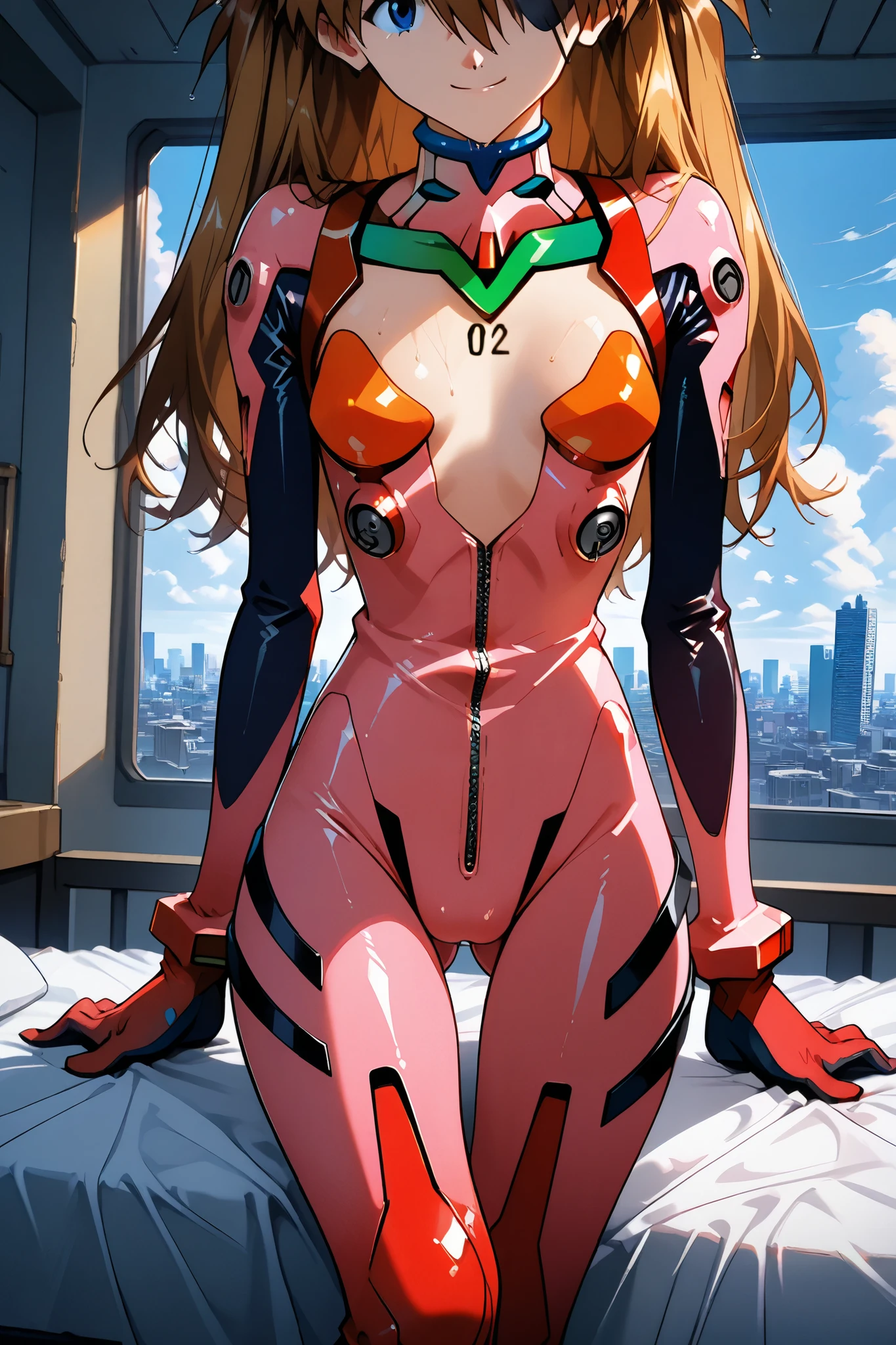 asuka_langley,1 female,solo,looking at the scenery,smile,
I_,wet brown hair,viewer,blue eyes,long hair,hair between the eyes,beautiful eyes,more detailed hair,
pink Leather bike suits (1.3),full-length zipper,open-chest,lace up boots,thigh-high boots,high heels,pink gloves,
ortrait,background,day,cloudy,city,
face_concentration,close-up,
beautiful legs,very thin thighs,thin calves,beautiful face,beautiful skin,
flat breast,nallow waist,butt close-up,Sweaty,incontinence,White Breath,I can see her panties,anatomically correct,
highest quality,masterpiece,high definition,soft lighting,
indoors,on bed,bed room,cowboy shot,dutch angle