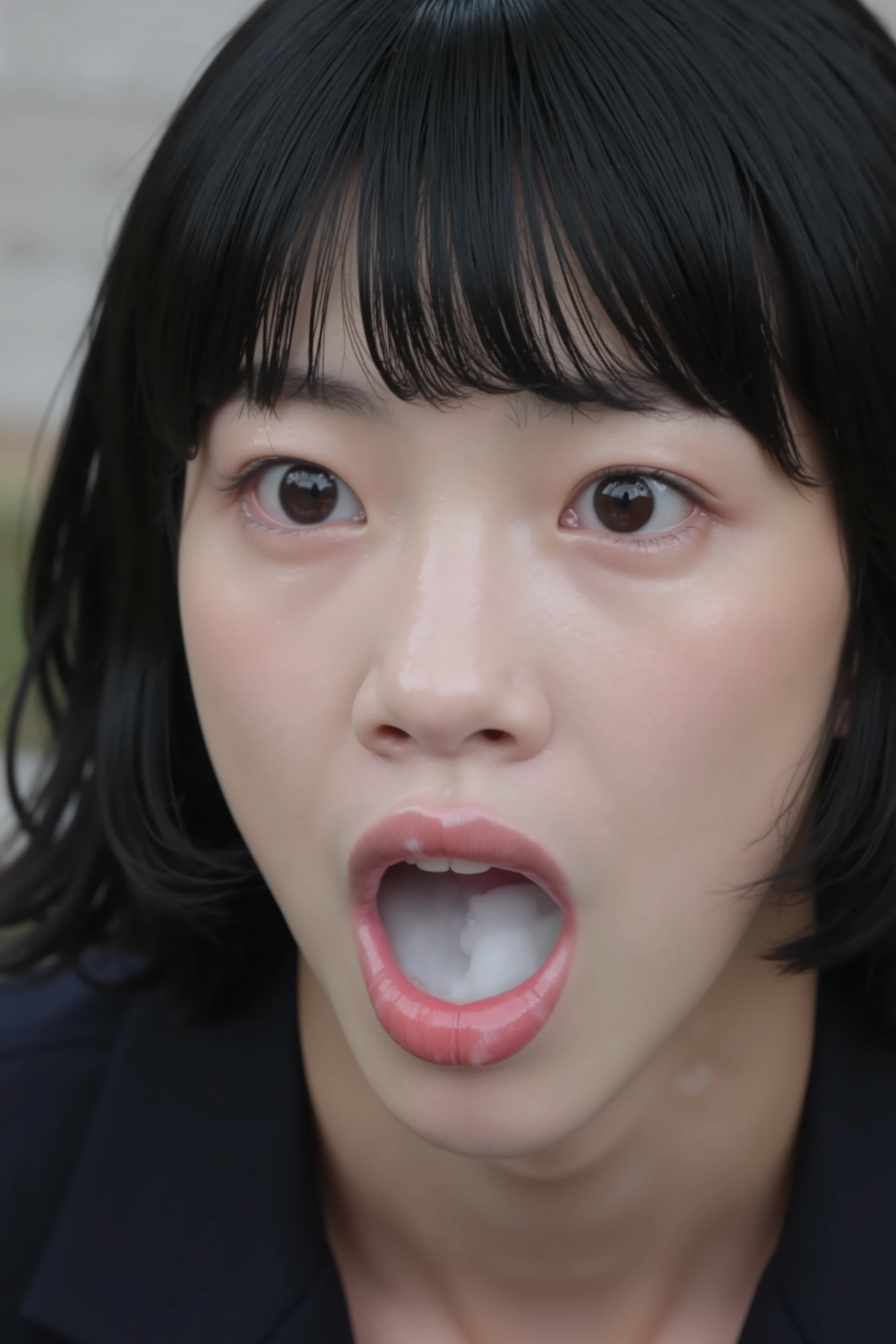 A high resolution photograph of a Japanese adult woman, masterpiece, photo-realistic, sharp focus, portrait, fashion shoot, solo, 1girl, clothed, bob cut black hair, pale skin, detailed face, detailed eyes, sophisticated nose, (open mouth, white cum in mouth:1.2), embarrassed, looking at the camera, (face focus, close-up of face, front view, view from above),