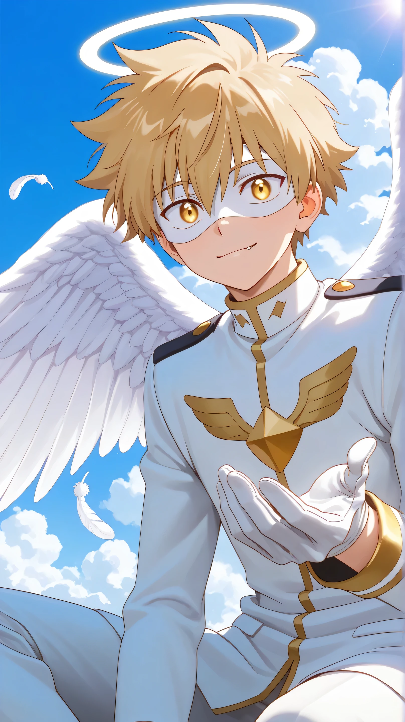 Full pure White hero masked men anime, solo,white angel uniform,white mask,white eye mask,glove,angel,1boy,mysterious grin,fang out,male focus,big white angel wing,angel halo,golden eyes,day sky clouds heaven background,male focus,playful,white feathers effect, male focus,light smile, Sunshine, hold out hand,sitting on clouds,