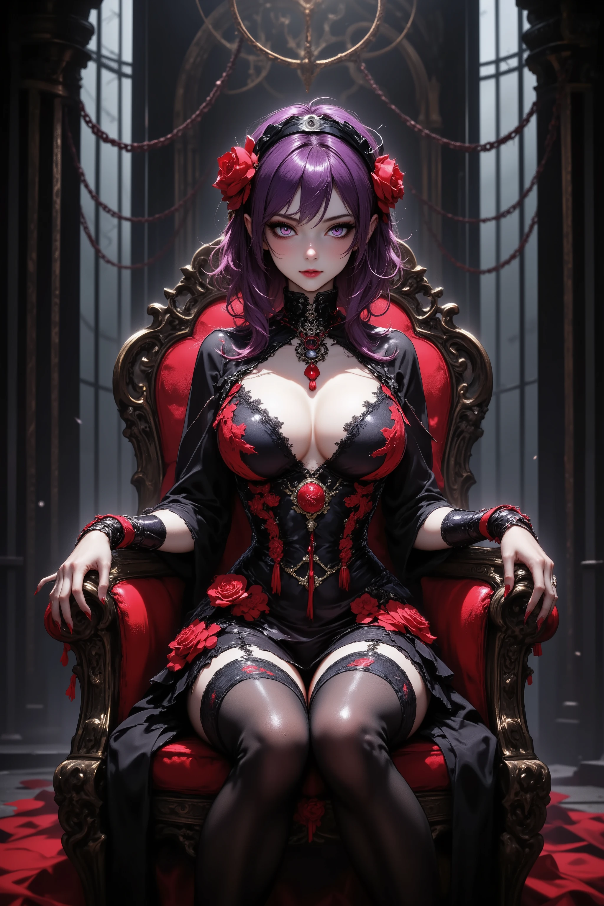 masterpiece, aesthetic, decadent, artistic, (1girl, sitting on a throne, beautiful purple hair, rose hair accessory, black hairband, black and red gothic bondage dress, black underwear with red ribbon, miniskirt with many folds of frills, skirt frills as beautiful as rose petals, sheer black garter belt with frills, wearing thorn bracelets on her wrists, holding a riding crop with her fingers, half-closed eyes, smiling, blood-colored lipstick, smiling), (dark royal castle, throne demon, red luxurious throne with forbidden decorations, thick chains stretched in the background, artistic background)