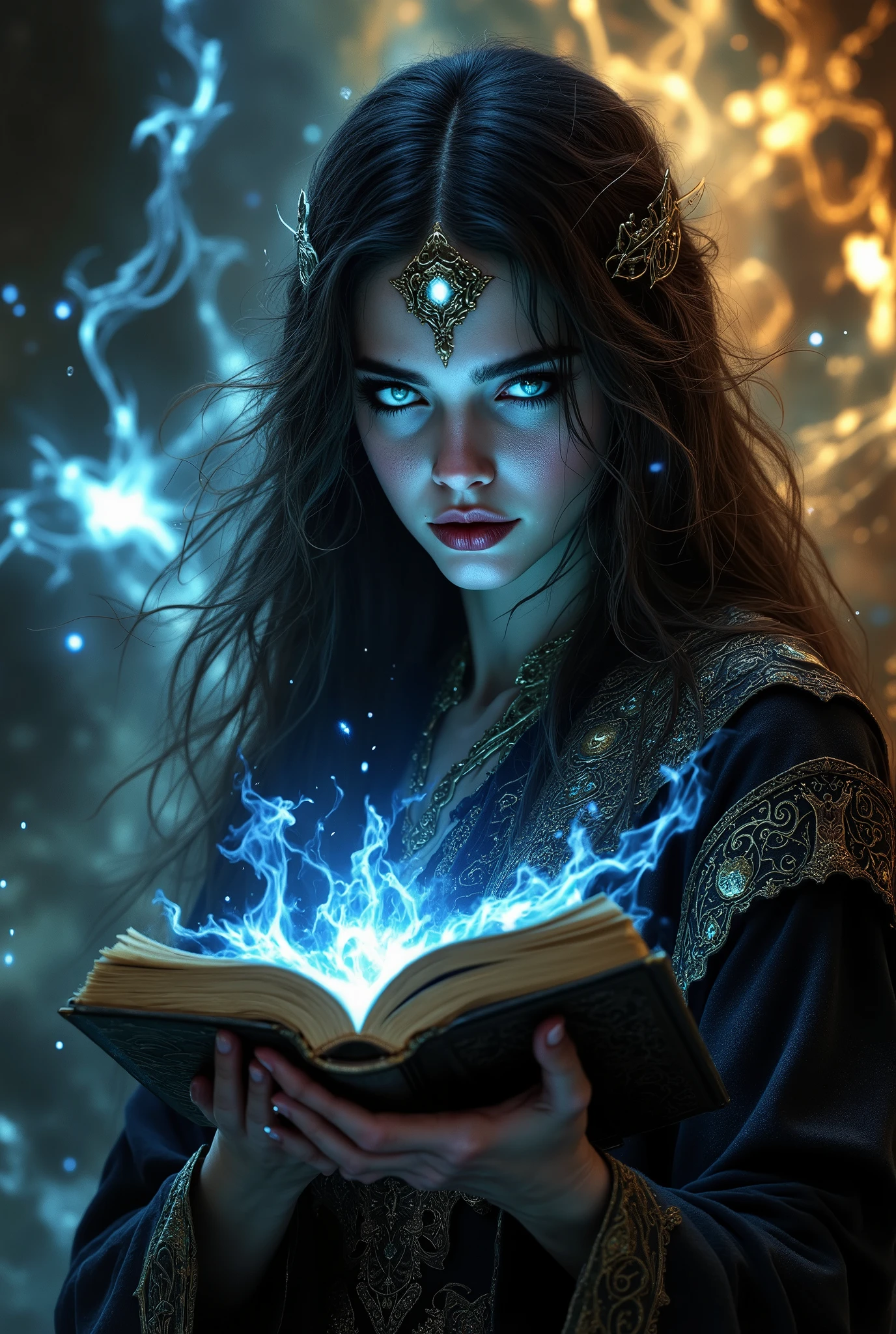 A beautiful and beautiful sorceress girl with beautiful long hair , magic, in her hand is a small book with symbols and a magical bluish-black glow, rich colors , 8 k, best quality, complicated details, maximum number of details , fantasy style, Fantasy, epic , Beautiful ,