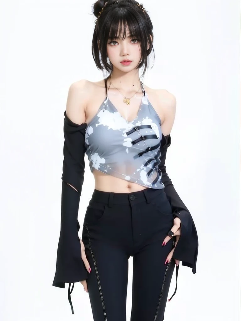 (1girl:1.3), Solo, __body-parts__, Kim Ji-ni Jennie Face, Marvel Style, Hero Characters, Future Battleship, Ruins Breakage, Laser, Mech Top, Leather Pants and Shorts, Motorcycle, Gray and Black Tones, 8K Resolution Image, Intricate Symmetry Details. The whole picture is invincible and heroic, mainly a complete picture of a woman standing all over her body, with smooth movements and a confident expression