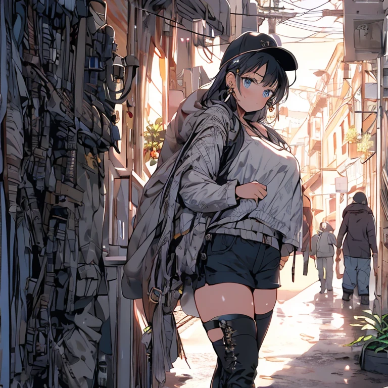 (highres, absurdres:1.1), full art illustration, BREAK
(plump:1.1), a girl in a black hat and white shirt, anime cyberpunk art, wet streets, streetwear fashion, dark blue leather armor, realistically rendered clothing, pixiv 3dcg, wet from rain, black leather shorts, korean idol, dressed in punk clothing, dark neighborhood, boxer, decorative dark blue clothing, squatting, BREAK