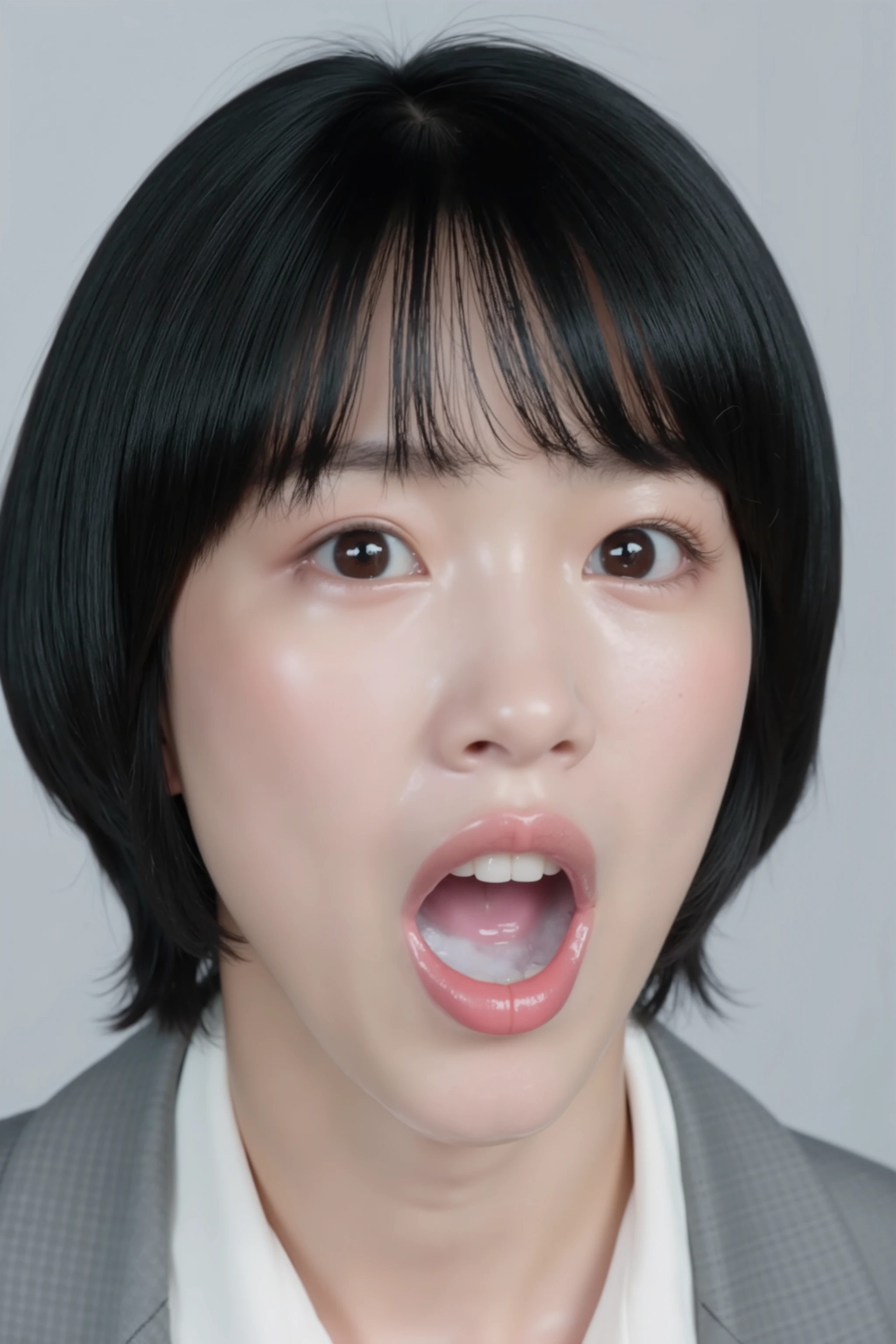 A high resolution photograph of a Japanese adult woman, masterpiece, photo-realistic, sharp focus, portrait, fashion shoot, solo, 1girl, clothed, bob cut black hair, pale skin, detailed face, detailed eyes, sophisticated nose, (open mouth, white cum in mouth:1.2), embarrassed, looking at the camera, (face focus, close-up of face, front view, view from above),