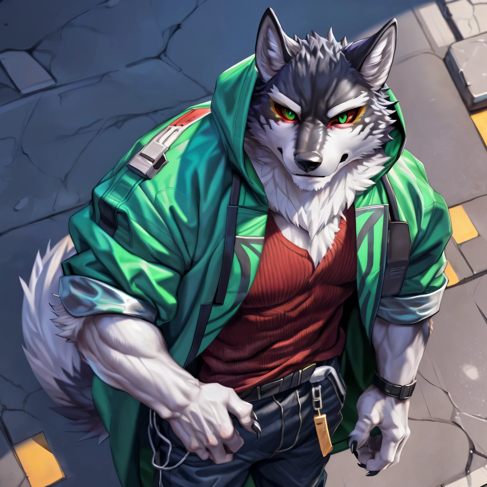 Monomasa,  like fur, male,  solo focus, Wolf, Tail, by kiyosan, by Yupa , by Pino Daeni , (by null-ghost:0.8), ( by drks :0.2), White hooded coat, Food Up,   pants, deTailed eyes, black pupils,  green eyes, red sclera , (  yellow eyeshadow :0.8),    knight ,  high angle view, close-up,  best quality, 