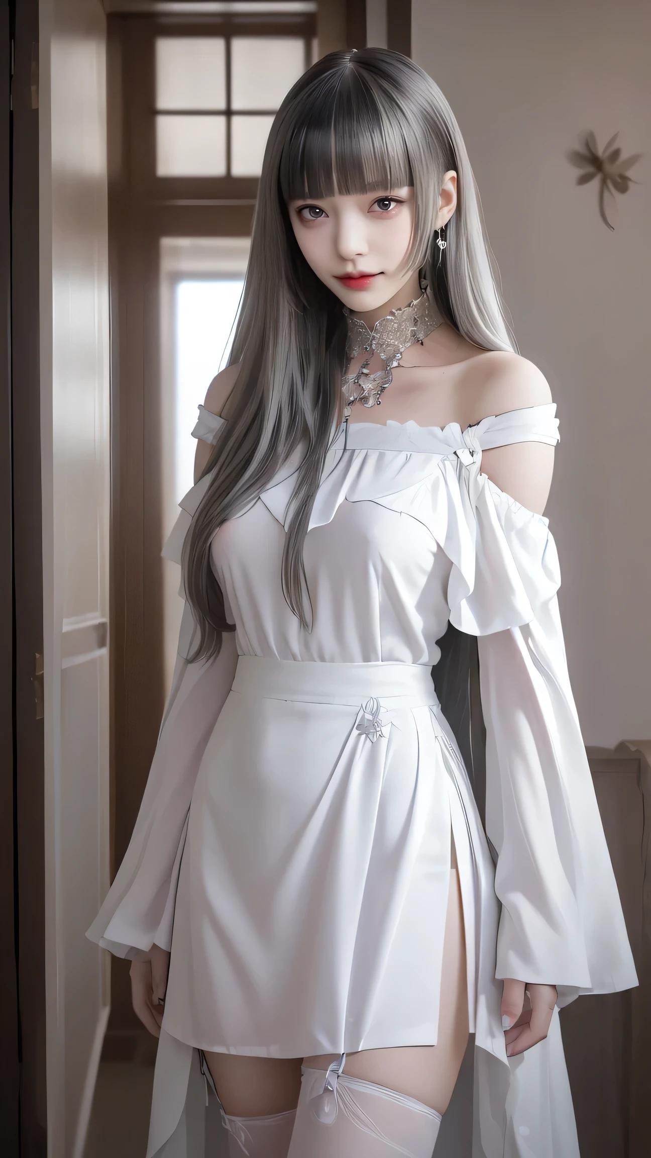 fluorescent color 、 1 Girl 、 Look to the side 、 beautiful face、( beautiful eyes)、(( dark blue eyes )),( Clear Off-the-Shoulder White Dress 、 miniskirt :1.2)、( BLACK LACE STOCKING )、 long legs 、 high heels、 shiny white hair 、 pubic skin 、Glare Reduction 、Finger ratio adjustment、 dark、butt subjective、 dynamic angle 、(( master part )))、((( more details))、(illustration)、(( very delicate and beautiful ))、dramatic_shadow、Lightning Strikes _Tracking、reflection、 super high resolution、 Woman with Small Dots of Light Fluttering Around Her Walking 、 Your Silver Hair Is Fluttering in the Wind 、 staring at blooming red tulips glowing around her dark blue eyes々、 silver haired woman、 light points and sparkling snowflakes 、A woman in a dark place full of sparkling butterflies、 silver haired woman、 Bright Spots Around Women 、 Whimsical Charm 、 supernatural aura 、超 Whimsical Charm silver haired woman,(( Erect Nipples)),( Pink Light )、