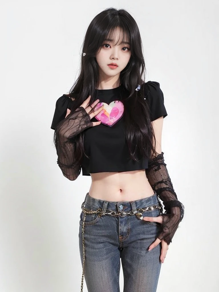   black Pink jennie  ,    almond-shaped eyes ,       full lips  ,   big and voluptuous breasts .   flirty look  . no bangs  