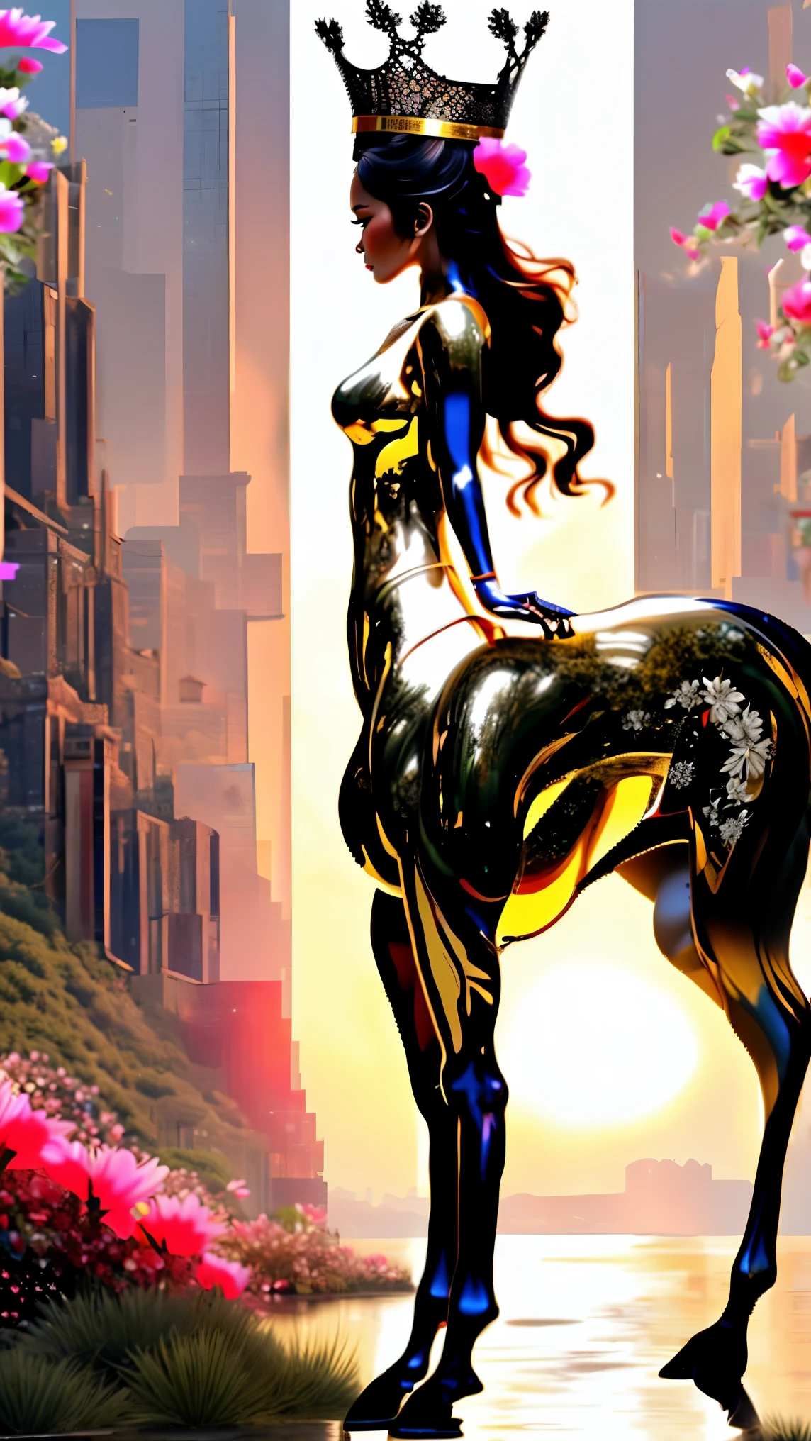 （ integrated perfect fusion 、 seamless nesting 、The Myth of Precision Connections Cyber Female Centaur Half Man Half Horse Half Man Half Horse：1.8），panoramic， Master Composition ， Clean Picture ， bright color ，hdr， Ultra HD Quality ，（Super wide angle， super depth of field ，Multiple zooms：1.6），（Super real， super detailed，Super complex，Super-sharp ， super high quality output：1.8），Convex lens ，（Concentrated computing power ， half man half man half horse ， embodies 、Portray characters，加入大量而丰富的Creativity设计， using metaphor 、Metaphor 、 conceals mystical temple-level sexual tension and extraordinary characteristics ：1.4），Creativity设计布局、 multi-layer dynamic distribution 、 making full use of various materials 。{The character has：（ golden ratio ：1.6），（ Blonde ：1.8），（Fine-tune makeup to make facial features asymmetrical：1.5），Classical Aesthetics 、 Physiological perfection、Ergonomic structure 、 high-tech medical beauty 、 mysticism, sexy and sweet 、（Jelly-like, plump, and super huge, heavy chest that surpasses human limits：1.6）、 golden ratio 身材、 ultra-long lines 、Super long, toned and slender legs、 butterfly inside 、Ultra-narrow ribs and waist、Beauty、Tear mole、Fireworks 、 make full use of the picture space 、 solemn and noble appearance 。Chinese ancient buildings，Visit the scenic spots and historical sites of oriental civilization，Travel life portraits，Various professional travel equipment，Various terrains，Complex climate change，Multi-species vegetation，Show the character's super high mobility。charm，超级Dynamic，Smooth movement ， Elegant Posture ，Creativity， Illusory Aura ，Chic，Dynamic，New Chinese style gorgeous dress，High-end club clothing，Show the character's dignified temperament，（ Super flower-style fun jewelry and equipment are invisibly coded in the review area so that the picture can fully pass the review：1.8）。（Ancient runes that shine brightly on a huge chessboard in a blurry background ：1.8）。}＜centaur concept>，