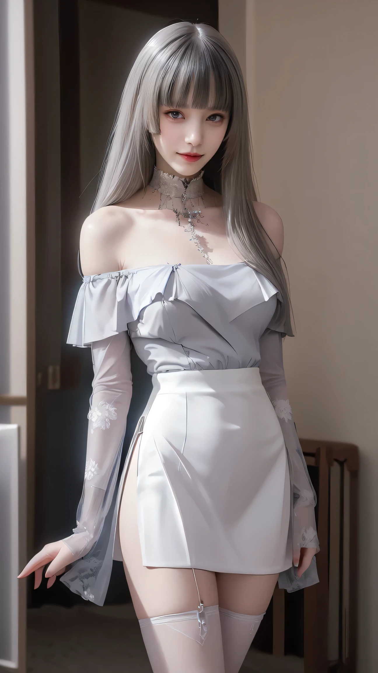 fluorescent color 、 1 Girl 、 Look to the side 、 beautiful face、( beautiful eyes)、(( dark blue eyes )),( Clear Off-the-Shoulder White Dress 、 miniskirt :1.2)、( BLACK LACE STOCKING )、 long legs 、 high heels、 shiny white hair 、 pubic skin 、Glare Reduction 、Finger ratio adjustment、 dark、butt subjective、 dynamic angle 、(( master part )))、((( more details))、(illustration)、(( very delicate and beautiful ))、dramatic_shadow、Lightning Strikes _Tracking、reflection、 super high resolution、 Woman with Small Dots of Light Fluttering Around Her Walking 、 Your Silver Hair Is Fluttering in the Wind 、 staring at blooming red tulips glowing around her dark blue eyes々、 silver haired woman、 light points and sparkling snowflakes 、A woman in a dark place full of sparkling butterflies、 silver haired woman、 Bright Spots Around Women 、 Whimsical Charm 、 supernatural aura 、超 Whimsical Charm silver haired woman,(( Erect Nipples)),( Pink Light )、