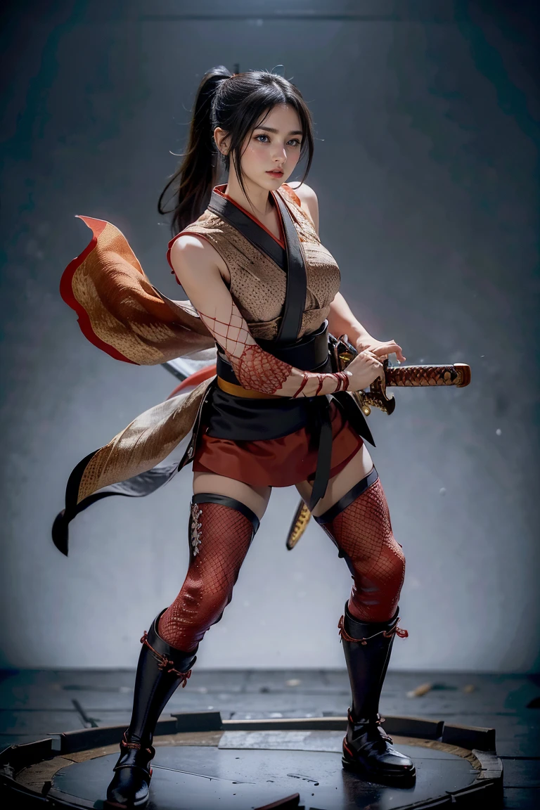 (masterpiece, best quality:1.2), cowboy shot, momiji, ninja gaiden, 1girl, solo, long hair, breasts, looking at viewer, large breasts, black hair, gloves, holding, cleavage, bare shoulders, brown eyes, yellow eyes, ponytail, japanese clothes, elbow gloves, white gloves, fingerless gloves, scarf, holding weapon, high heels,   ninja, hip vent, naginata <lora:MOMIJI-15:0.8>