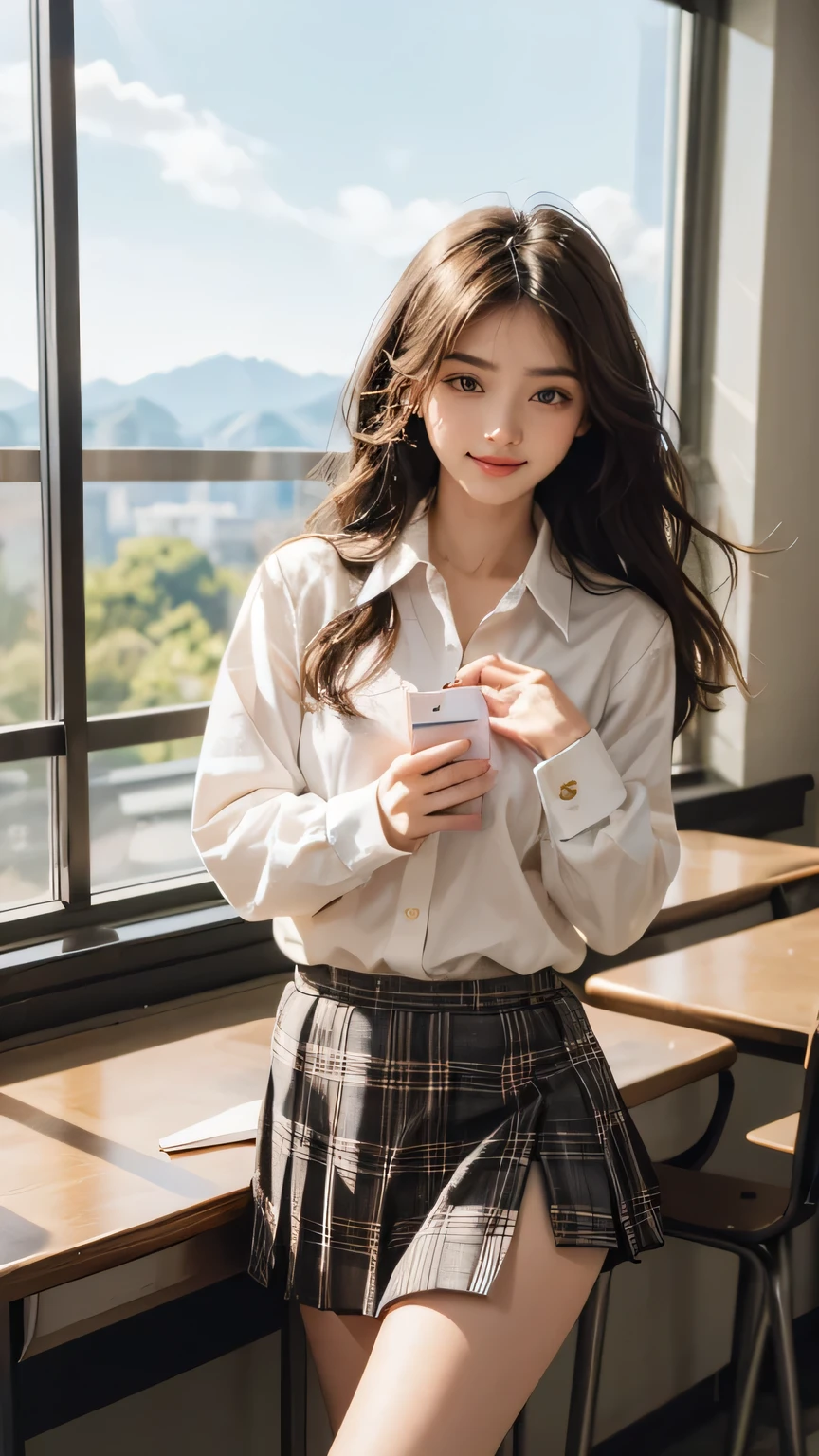 a sweet and playful Korean influencer standing near a sunny classroom window. She’s dressed in a snug school uniform featuring a fitted white blouse, a plaid mini skirt, and thigh-high socks with shiny loafers. Her long, silky hair flows naturally, and she holds a notebook to her chest while smiling shyly, the soft sunlight enhancing her youthful glow