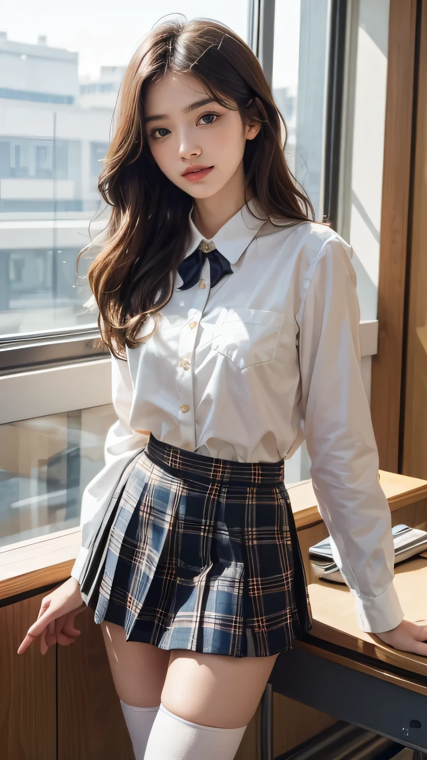 a sweet and playful Korean influencer standing near a sunny classroom window. She’s dressed in a snug school uniform featuring a fitted white blouse, a plaid mini skirt, and thigh-high socks with shiny loafers. Her long, silky hair flows naturally, and she holds a notebook to her chest while smiling shyly, the soft sunlight enhancing her youthful glow