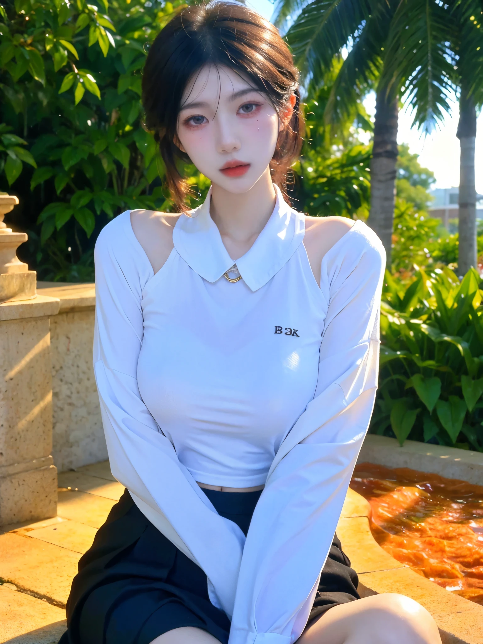 1girll, 独奏, tmasterpiece, a matural female,Best quality at best, 8k wallpaper, beatiful detailed eyes, fully body photo, 黑The eye, Detailed hairpins, swimmingpool, Wet body,Colorful long-sleeved sweater,Ultra shorts,Outdoor swimming pool,Mouth open,Sat down,Surreal graphics,oversized boobs,soaking wet,There is fluid on the legs,Crop tops,clothes: Short clothes,tight top,Raised