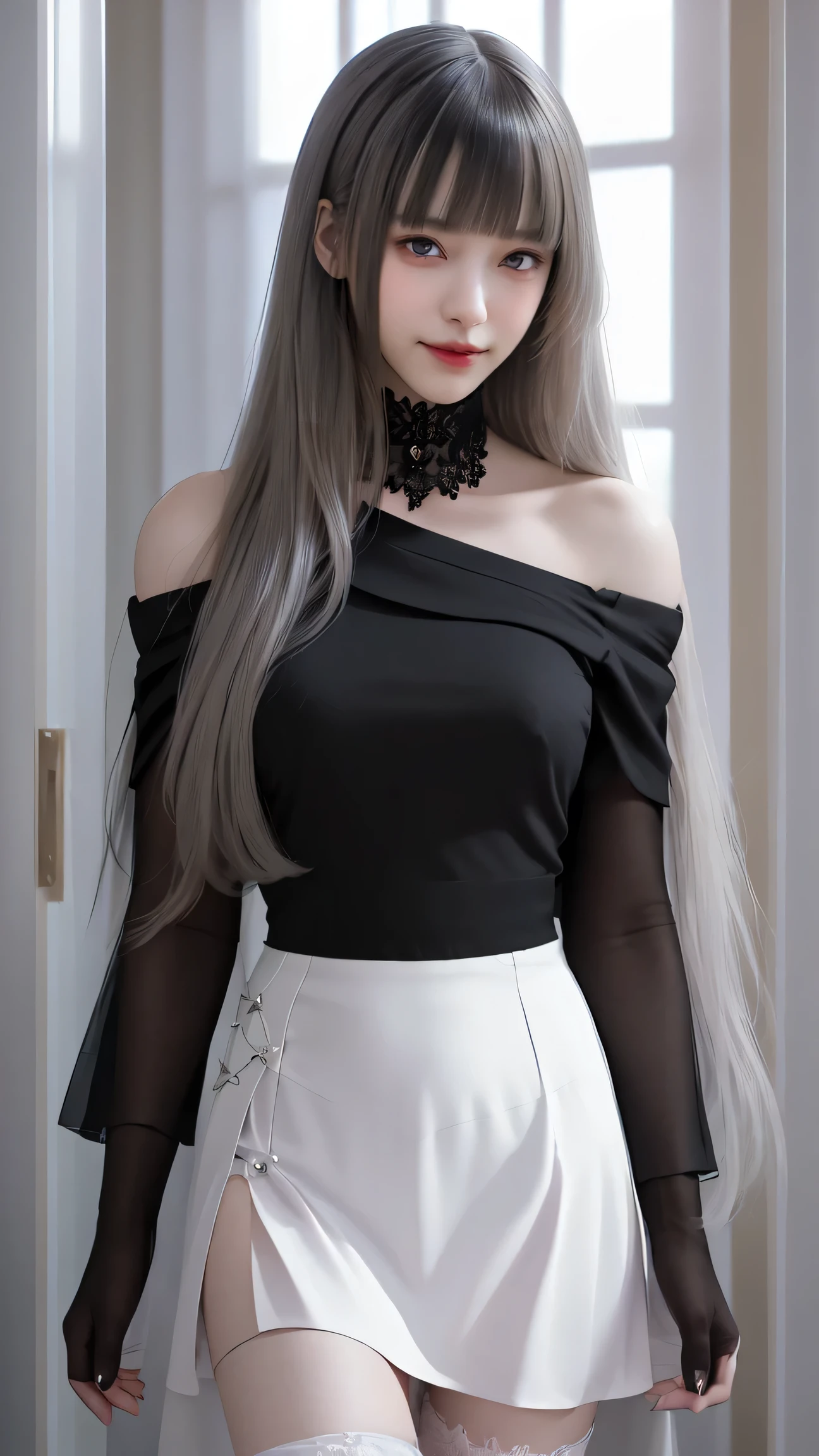 fluorescent color 、 1 Girl 、 Look to the side 、 beautiful face、( beautiful eyes)、(( dark blue eyes )),( Clear Off-the-Shoulder White Dress 、 miniskirt :1.2)、( BLACK LACE STOCKING )、 long legs 、 high heels、 shiny white hair 、 pubic skin 、Glare Reduction 、Finger ratio adjustment、 dark、butt subjective、 dynamic angle 、(( master part )))、((( more details))、(illustration)、(( very delicate and beautiful ))、dramatic_shadow、Lightning Strikes _Tracking、reflection、 super high resolution、 Woman with Small Dots of Light Fluttering Around Her Walking 、 Your Silver Hair Is Fluttering in the Wind 、 staring at blooming red tulips glowing around her dark blue eyes々、 silver haired woman、 light points and sparkling snowflakes 、A woman in a dark place full of sparkling butterflies、 silver haired woman、 Bright Spots Around Women 、 Whimsical Charm 、 supernatural aura 、超 Whimsical Charm silver haired woman,(( Erect Nipples)),( Pink Light )、