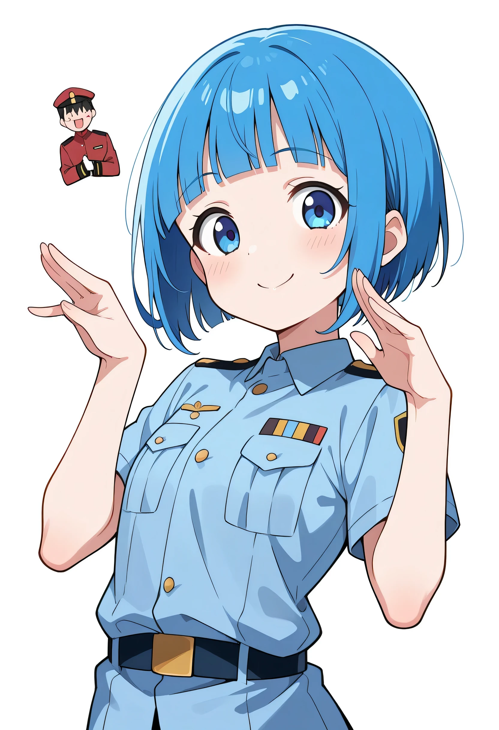 Alone,blue short hair,blunt bangs, blue eyes,cute face,Commander's uniform,uniform,upperbody,good model pose,kind smile,sideview,looking at viewer,white background