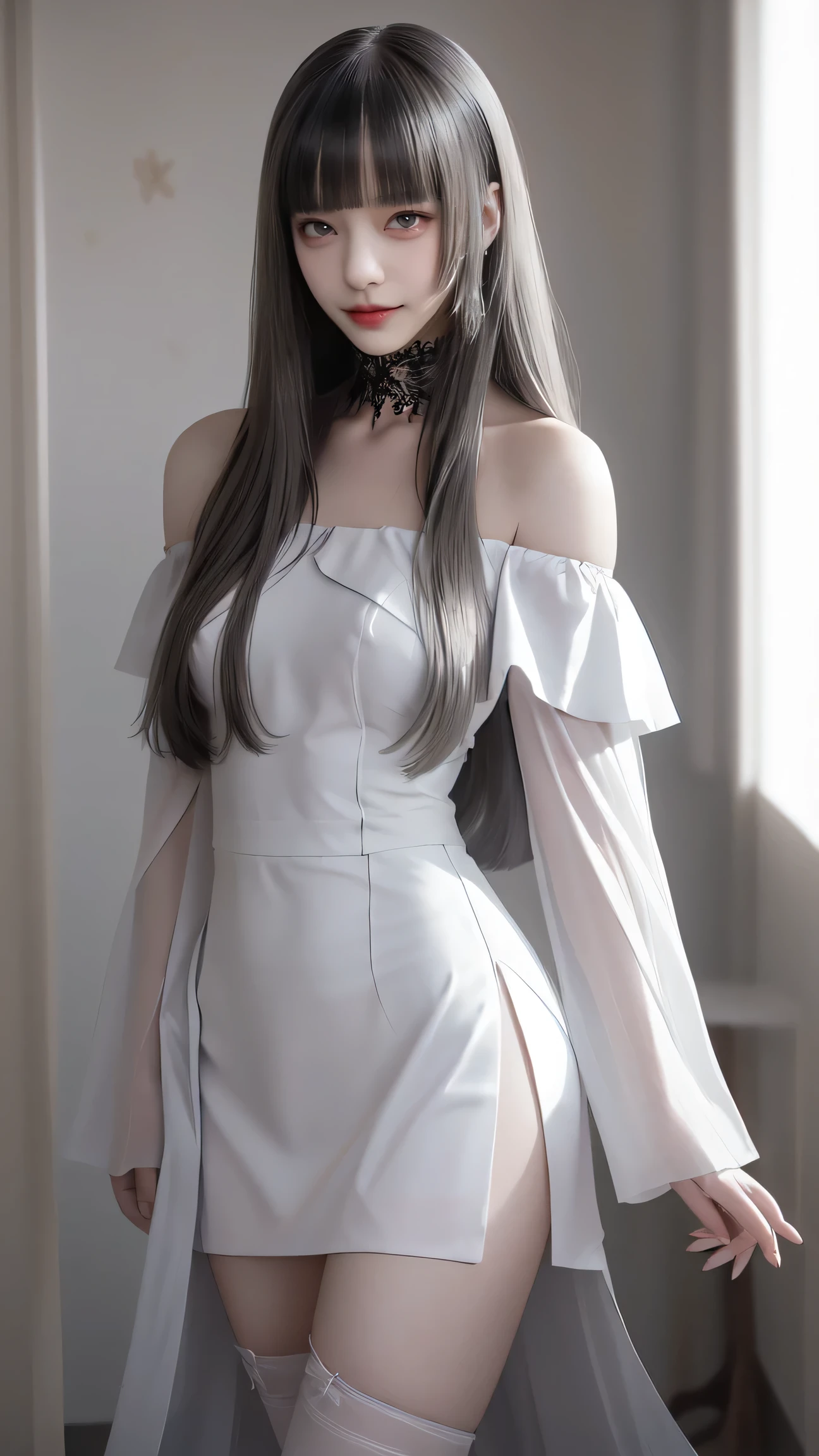 fluorescent color 、 1 Girl 、 Look to the side 、 beautiful face、( beautiful eyes)、(( dark blue eyes )),( Clear Off-the-Shoulder White Dress 、 miniskirt :1.2)、( BLACK LACE STOCKING )、 long legs 、 high heels、 shiny white hair 、 pubic skin 、Glare Reduction 、Finger ratio adjustment、 dark、butt subjective、 dynamic angle 、(( master part )))、((( more details))、(illustration)、(( very delicate and beautiful ))、dramatic_shadow、Lightning Strikes _Tracking、reflection、 super high resolution、 Woman with Small Dots of Light Fluttering Around Her Walking 、 Your Silver Hair Is Fluttering in the Wind 、 staring at blooming red tulips glowing around her dark blue eyes々、 silver haired woman、 light points and sparkling snowflakes 、A woman in a dark place full of sparkling butterflies、 silver haired woman、 Bright Spots Around Women 、 Whimsical Charm 、 supernatural aura 、超 Whimsical Charm silver haired woman,(( Erect Nipples)),( Pink Light )、