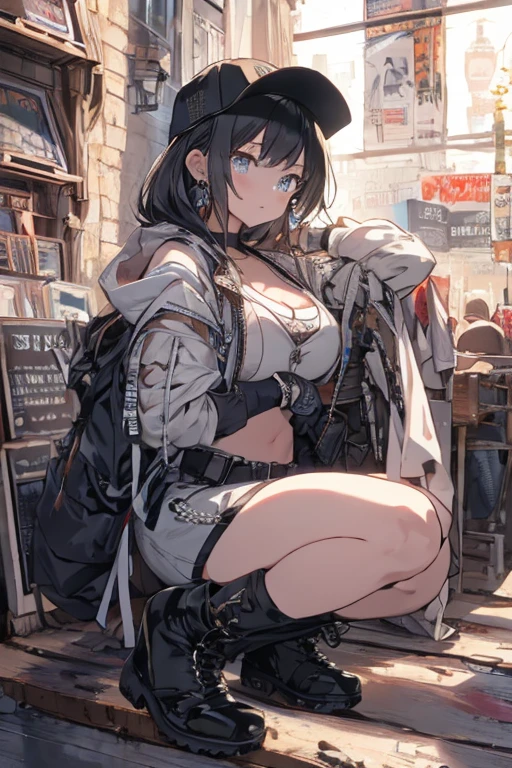 anatomically correct, best quality, masterpiece, high quality, high details, highres, HD, (shaded face:1.2), hollow eyes, dark-blue eyes, looking at viewer, heavy breathing, smirk, uppert teeth, black hair, long hair, pointy ears, cropped hoodie, black bikini, long sleeves, navel, 1girl, solo, breasts, sitting, looking_at_viewer, cleavage, large_breasts, pants, midriff, plant