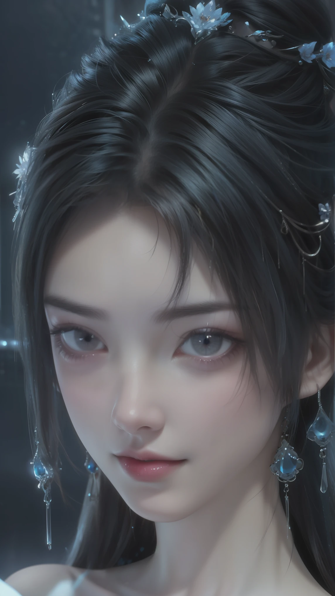 highly detailed, 8K, masterpiece, 1 girl, blue pink_hair, nude, Smile, (perfect_Face), boundary, close up, mad,, Gorgeous, complex, dramatic lighting, 4K, detailed, Caustics, Half body,