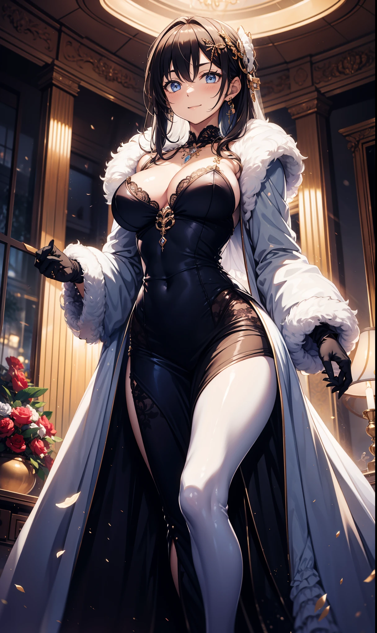 Saint，Elegant and charming  ，  Have Fun  ，in love，  purple sweater to match the dress， pantyhose ，  black gloves ，Silver Hair，  Blue Eyes ， Plush coat，  This dress covers my legs ，wrinkle， Clear Clothes  ， beautiful hair accessories ，  transparent lace  ，night，Dress nicely，bedroom，night，Leg decoration， Super Fine ，精美bedroom，