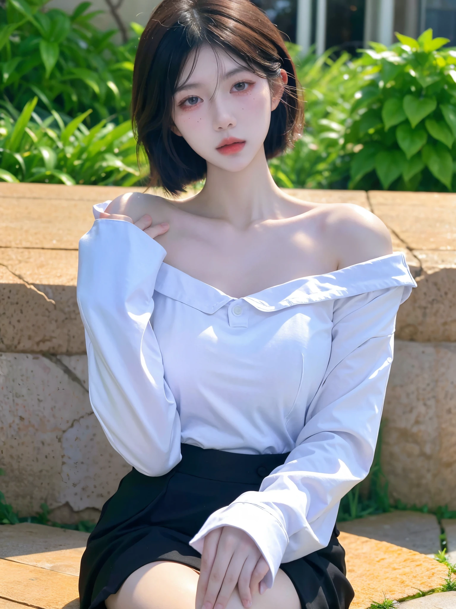 Beautiful woman with perfect figure:1.4,snow,Touching butt with both hands,snow背景,Layered Hairstyle,White skin,Prominent cleavage,Pleated Skirt,whole body,Very delicate face and skin texture,Double eyelids,Skin Whitening,Long white hair