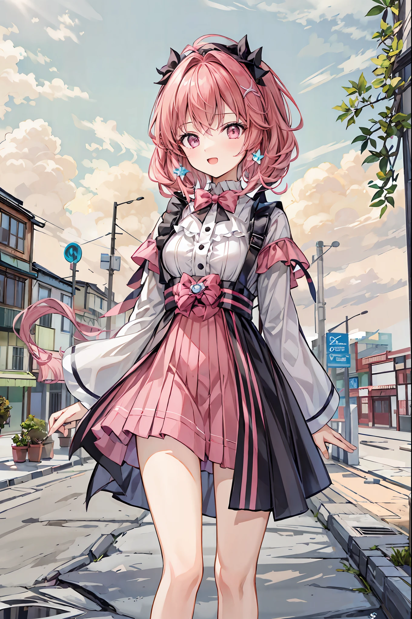 nsfw,((Masterpiece)),((high resolution)),((Best Quality)),Anime illustration,((1girl)),(wavy hair),(short hair),(pale pink hair color),small ponytail,Red eyes,(Big round eyes),((tareme)),12 years old,((loli face)),((very big breasts)),Short stature,,,Ao Dai,No sleeve,mini skirt,blush,I'm very embarrassed,arms up behind,