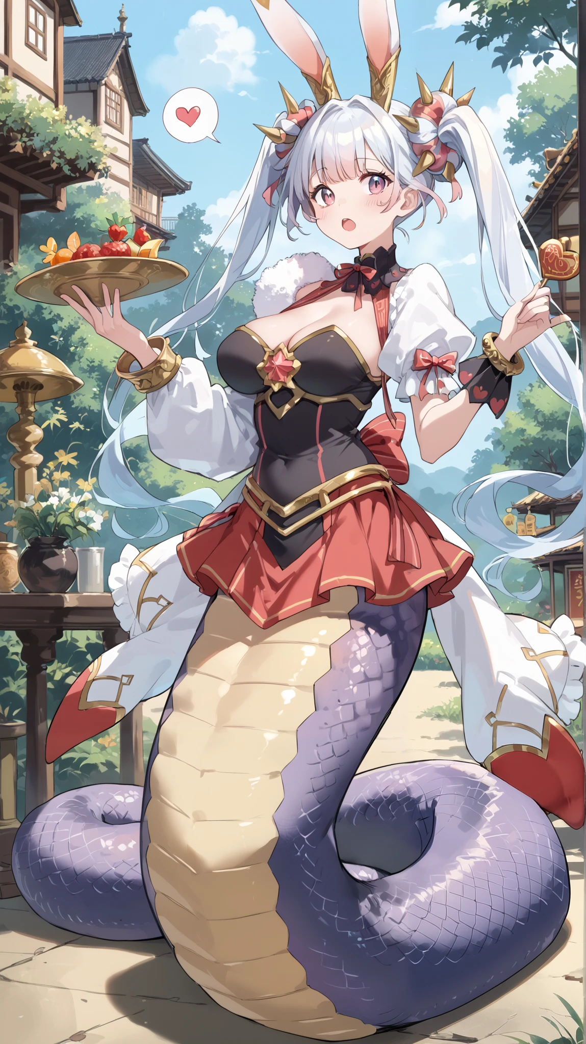 (Fraction_9:0.9),Fraction_8_up ,Fraction_7_up ,Grade_of, Japanese animation _style,(),(3),(( alone of)), ( masterpiece),( is the best quality),( complete of five fingers ), a girl , m∀lice white rabbit ,White hair, white of cheongsam set , alone of, Big Breasts , open mouth ,Heart,crack, Rabbit ears , face tag ,Spike bracelet ,Twin ponytails, lamia, white of snake tail , full body photo ,Shy of, high res,