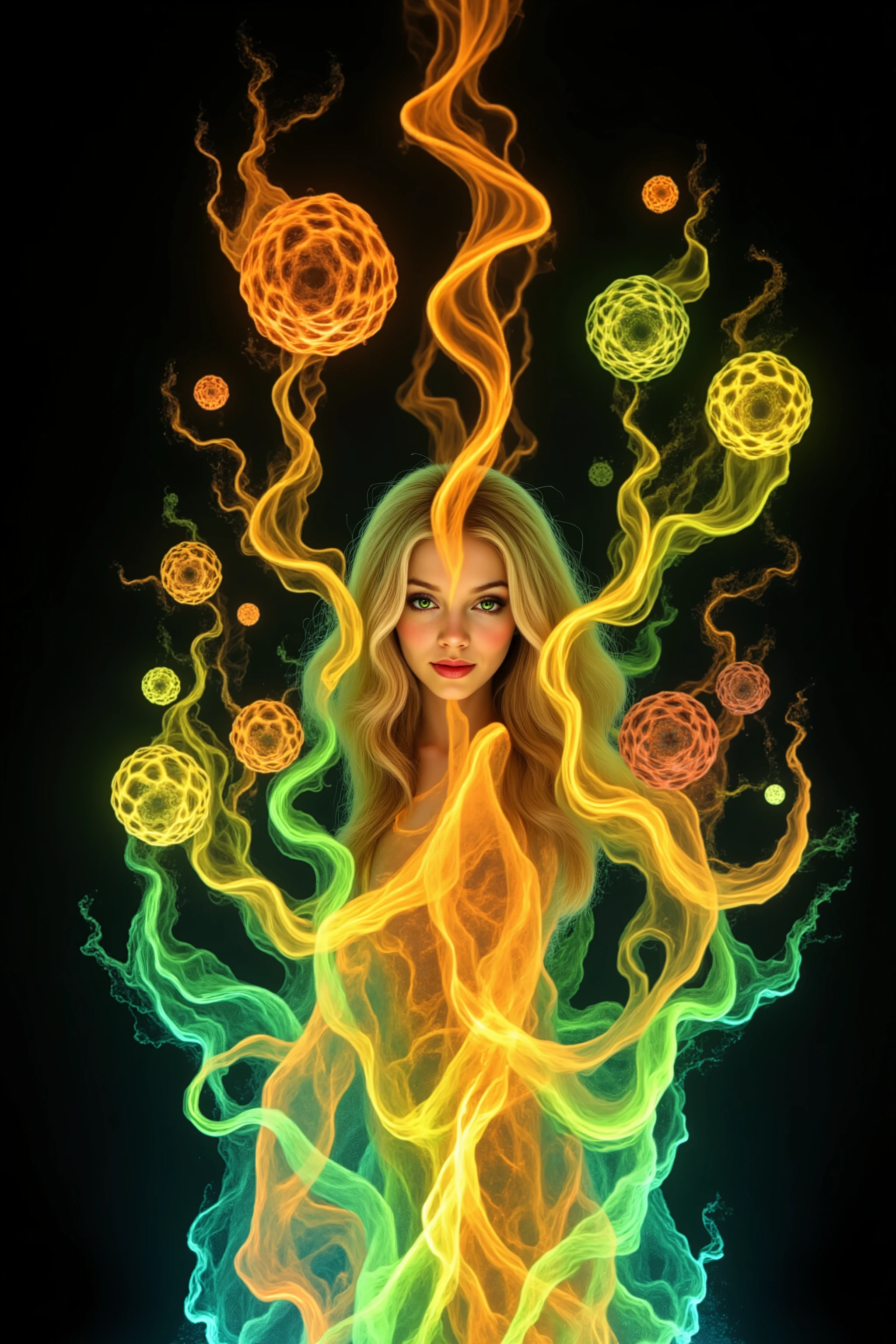 Extremely bright resonating glow and shine reflect off glass dress blonde young woman, very attractive, tall, her dress is glowing from within. Around her  mirrors reflect all the objects. Incorporate perfect symmetry and rotational symmetry. A psychedelic dream, vibrant colors shimmering, glass morphing from colors, intricate rainbow patterns twist in and out of objects while dripping into each other,  perfectly formed symmetrical spheres and glowing reflective bubbles, extreme attention to detail on the bubbles and spheres, rainbows of color twist out of translucent orbs, spilled paint and spirals of swirling color in the background, beautiful psychedelic digital art, pixel art, neon colors, 4d mandelbulb psychedelics, glass-like psychedelic landscape, intricate rainbow environment, psychedelic underwater brightness, trails of color and light, bright fluorescent colors, psychedelic vibrant colors, bright psychedelic neon colors, colorful paint drips out of the bubbles, 3D glass spheres melting into each other spilling out colors, visually disorienting, hallucination inducing, optical illusions, startling, stunning images, awe-inspiringly, best quality wallpaper, pixel assets, portrait photography, surrealism, photorealistic, hyper detailed, glass morphism, digital art, sparkle, optical illusion, glowing light, reflection light, overexposure, god rays backlighting, depth of field, rotational symmetry, UHD, high details, high quality, super detailed, best quality, award winning, Masterpiece. Spheres reflecting light everywhere and it brings out images and optical illusions for the viewer's disorienting experience of looking at it. Super bright neon Colors.** incorporate bright neon green, neon blue, neon purple, neon yellow, &blood red**Extreme glow and shine reflect off 