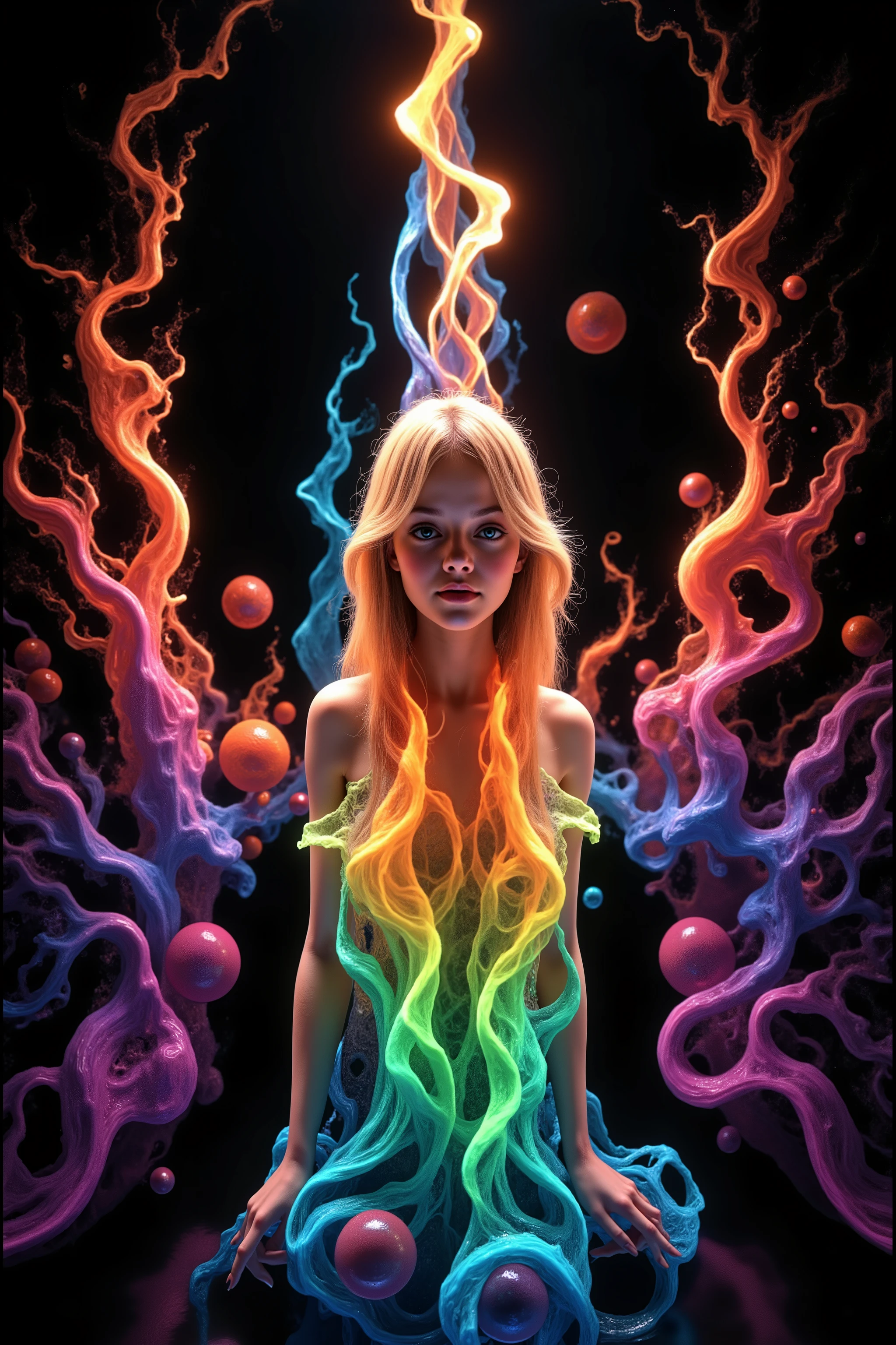 Extremely bright resonating glow and shine reflect off glass dress blonde young woman, very attractive, tall, her dress is glowing from within. Around her mirrors reflect all the objects. Incorporate perfect symmetry and rotational symmetry. A psychedelic dream, vibrant colors shimmering, glass morphing from colors, intricate rainbow patterns twist in and out of objects while dripping into each other, perfectly formed symmetrical spheres and glowing reflective bubbles, extreme attention to detail on the bubbles and spheres, rainbows of color twist out of translucent orbs, spilled paint and spirals of swirling color in the background, beautiful psychedelic digital art, pixel art, neon colors, 4d mandelbulb psychedelics, glass-like psychedelic landscape, intricate rainbow environment, psychedelic underwater brightness, trails of color and light, bright fluorescent colors, psychedelic vibrant colors, bright psychedelic neon colors, colorful paint drips out of the bubbles, 3D glass spheres melting into each other spilling out colors, visually disorienting, hallucination inducing, optical illusions, startling, stunning images, awe-inspiringly, best quality wallpaper, pixel assets, portrait photography, surrealism, photorealistic, hyper detailed, glass morphism, digital art, sparkle, optical illusion, glowing light, reflection light, overexposure, god rays backlighting, depth of field, rotational symmetry, UHD, high details, high quality, super detailed, best quality, award winning, Masterpiece. Spheres reflecting light everywhere and it brings out images and optical illusions for the viewer's disorienting experience of looking at it. Super bright neon Colors.** incorporate bright neon green, neon blue, neon purple, neon yellow, &blood red**Extreme glow and shine reflect off