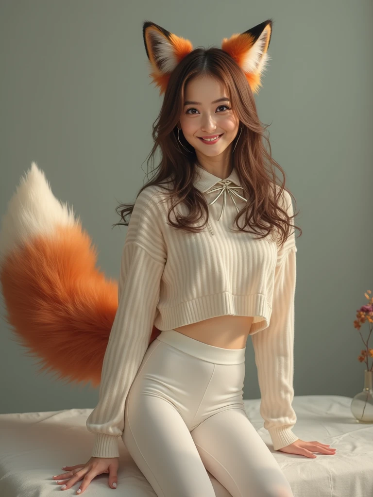 ((highest quality,32k)), ((masterpiece)), (become close), Perfect Face, squirrel woman, Beautiful woman, public, It has a tail, She has a fluffy tail, She has a tail, It has a tail, smile, beauty, she shows her tail, Big