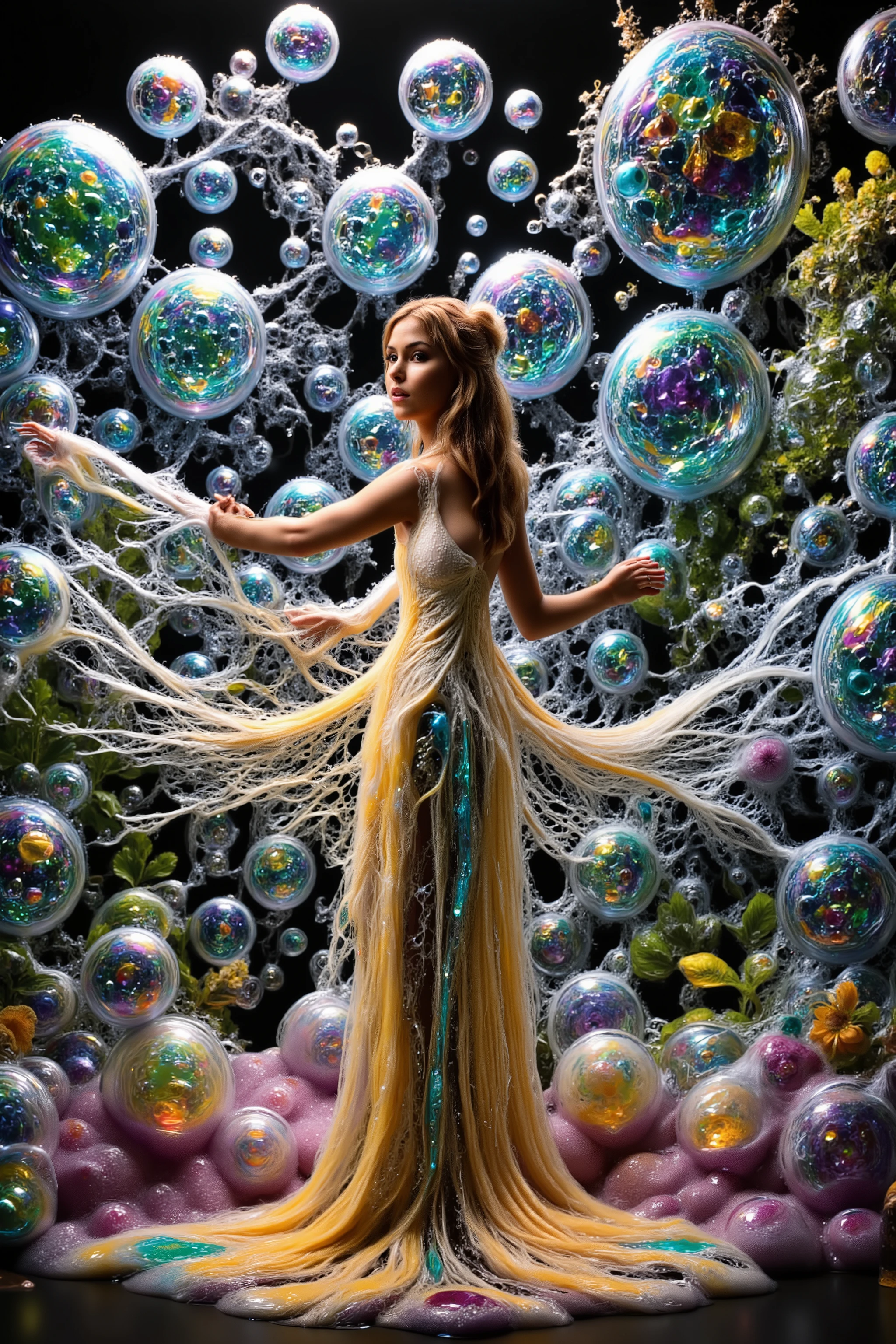 Extreme glow and shine reflect off glass orbs glass bubbles, in a room full of mirrors. Bk9nd4 young woman, very attractive, dress 8s glowing within. Around her reflective bubbles,and the mirrors reflect all the objects. Incorporate perfect symmetry and rotational symmetry. A psychedelic dream, vibrant colors shimmering, glass morphing from colors, intricate rainbow patterns twist in and out of objects while dripping into each other, perfectly formed symmetrical spheres and glowing reflective bubbles, extreme attention to detail on the bubbles and spheres, rainbows of color twist out of translucent orbs, spilled paint and spirals of swirling color in the background, beautiful psychedelic digital art, pixel art, neon colors, 4d mandelbulb psychedelics, glass-like psychedelic landscape, intricate rainbow environment, psychedelic underwater brightness, trails of color and light, bright fluorescent colors, psychedelic vibrant colors, bright psychedelic neon colors, colorful paint drips out of the bubbles, 3D glass spheres melting into each other spilling out colors, visually disorienting, hallucination inducing, optical illusions, startling, stunning images, awe-inspiringly, best quality wallpaper, pixel assets, portrait photography, surrealism, photorealistic, hyper detailed, glass morphism, digital art, sparkle, optical illusion, glowing light, reflection light, overexposure, god rays backlighting, depth of field, rotational symmetry, UHD, high details, high quality, super detailed, best quality, award winning, Masterpiece. Spheres reflecting light everywhere and it brings out images and optical illusions for the viewer's disorienting experience of looking at it. Super bright neon Colors.** incorporate bright neon green, neon blue, neon purple, neon yellow, &blood red**Extreme glow and shine reflect off