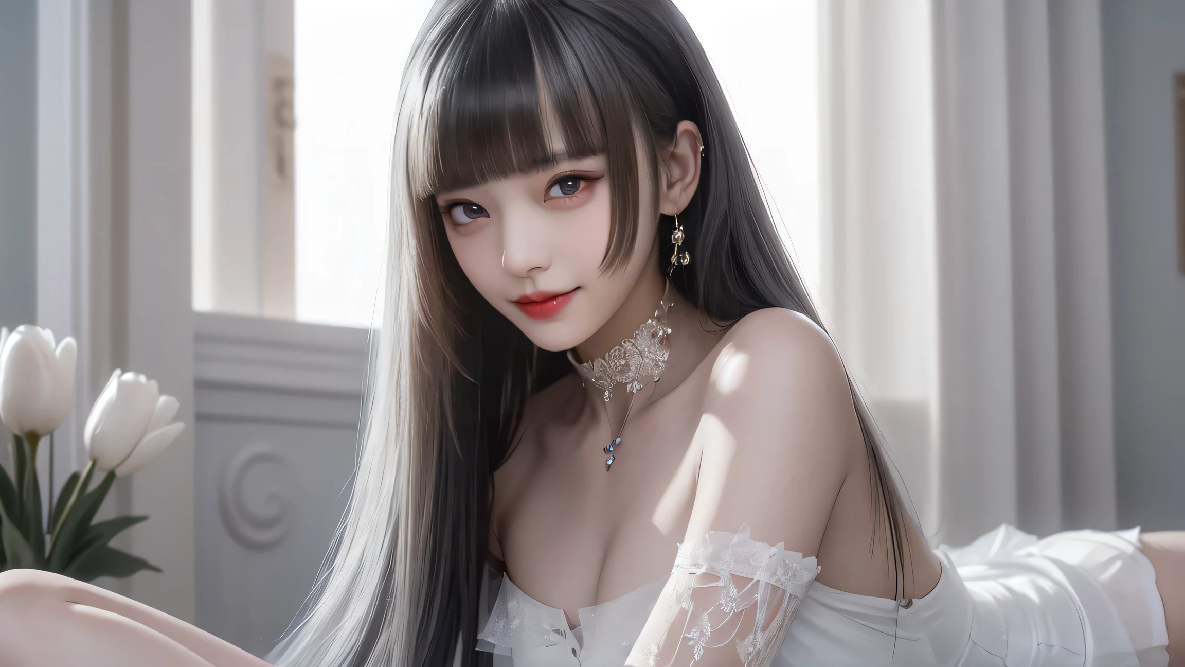 fluorescent color 、 1 girl lying down、 Look to the side 、 beautiful face、( beautiful eyes)、(( dark blue eyes )),( Clear Off-the-Shoulder White Dress 、 miniskirt :1.2)、( BLACK LACE STOCKING )、 long legs 、 high heels、 shiny white hair 、 pubic skin 、Glare Reduction 、Finger ratio adjustment、 dark、butt subjective、 dynamic angle 、(( master part )))、((( more details))、(illustration)、(( very delicate and beautiful ))、dramatic_shadow、Lightning Strikes _Tracking、reflection、 super high resolution、 Woman with Small Dots of Light Fluttering Around Her Walking 、 Your Silver Hair Is Fluttering in the Wind 、 staring at blooming red tulips glowing around her dark blue eyes々、 silver haired woman、 light points and sparkling snowflakes 、A woman in a dark place full of sparkling butterflies、 silver haired woman、 Bright Spots Around Women 、 Whimsical Charm 、 supernatural aura 、超 Whimsical Charm silver haired woman,(( Erect Nipples)),( Pink Light )、